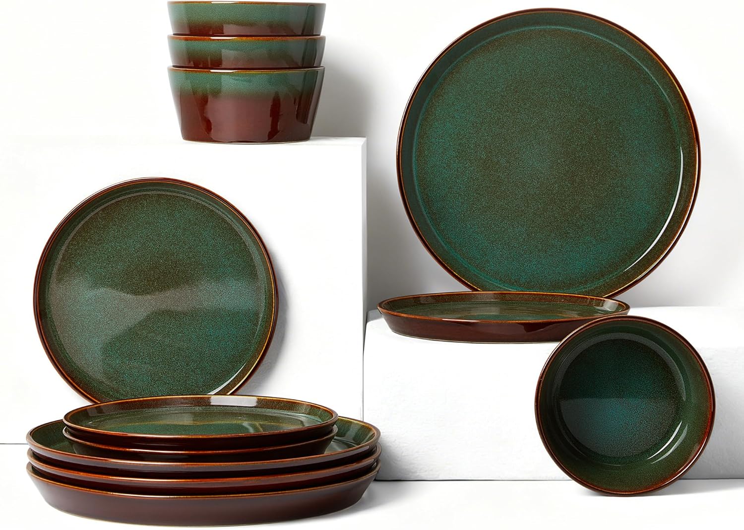 Plates and Bowls Sets for 4, Ceramic Dinnerware Sets, Kitchen Dish Set, Microwave & Dishwasher Safe Dishware, Highly Durable Hand Glazed Dinner Set, Brown Green
