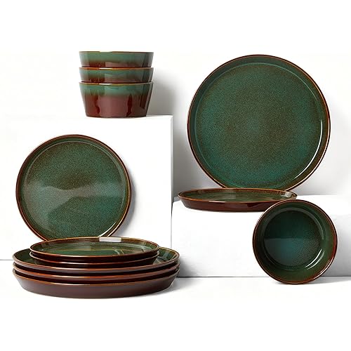 Pokini Plates and Bowls Sets for 4, Ceramic Dinnerware Sets, Kitchen Dish Set, Microwave & Dishwasher Safe Dishware, Highly Durable Hand Glazed Dinner Set, Brown Green