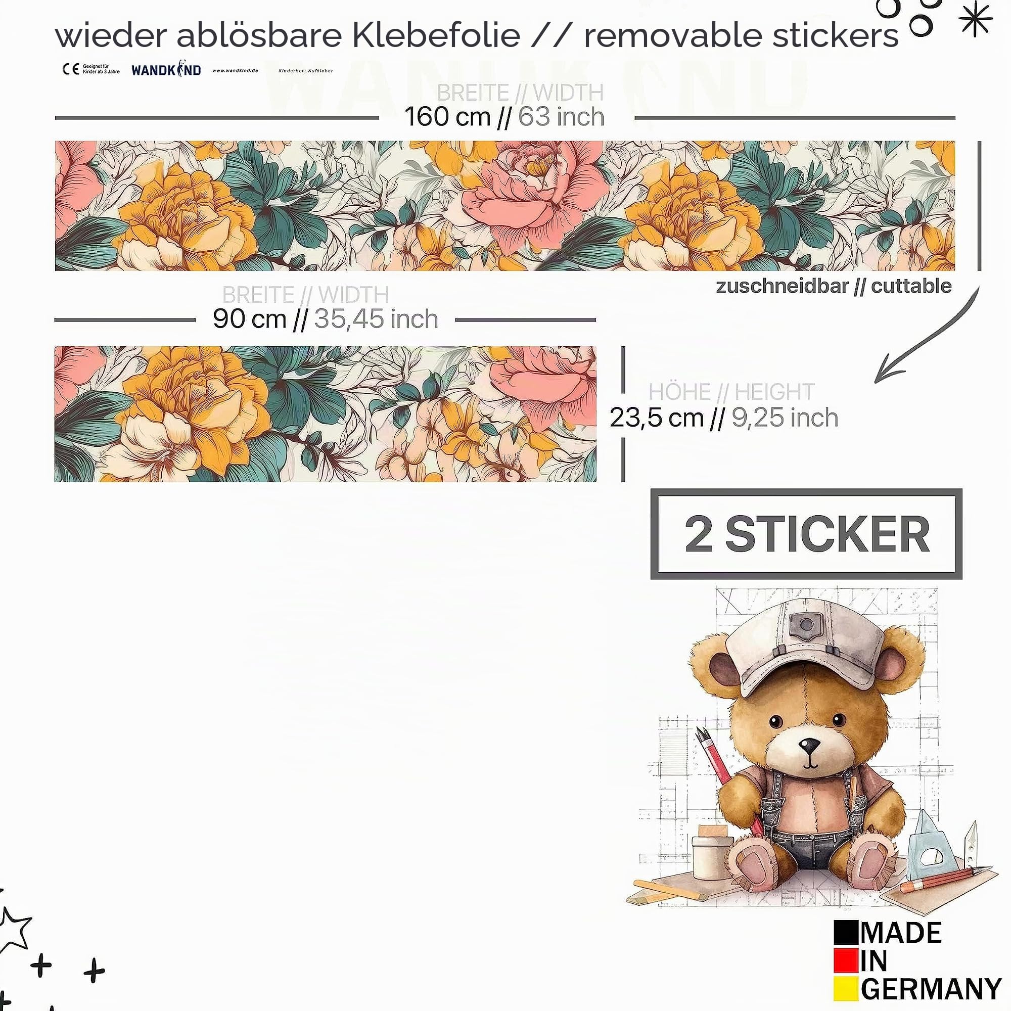 WANDKIND Aufkleber für IKEA KURA Kinderbett Hochbett Klebefolie Möbelfolie Sticker Kinderzimmer Blumen (Möbel nicht inklusive) IKB507 (5 Sticker Set)