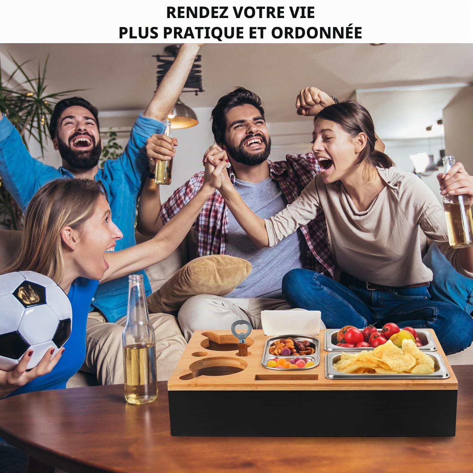 Boîte à goûter pour canapé, Cadeau d'anniversaire pour Homme, Distributeur de collation avec Bol à collation, Porte-Bouteille, Organisateur de collation, Couvercle Amovible pour canapé