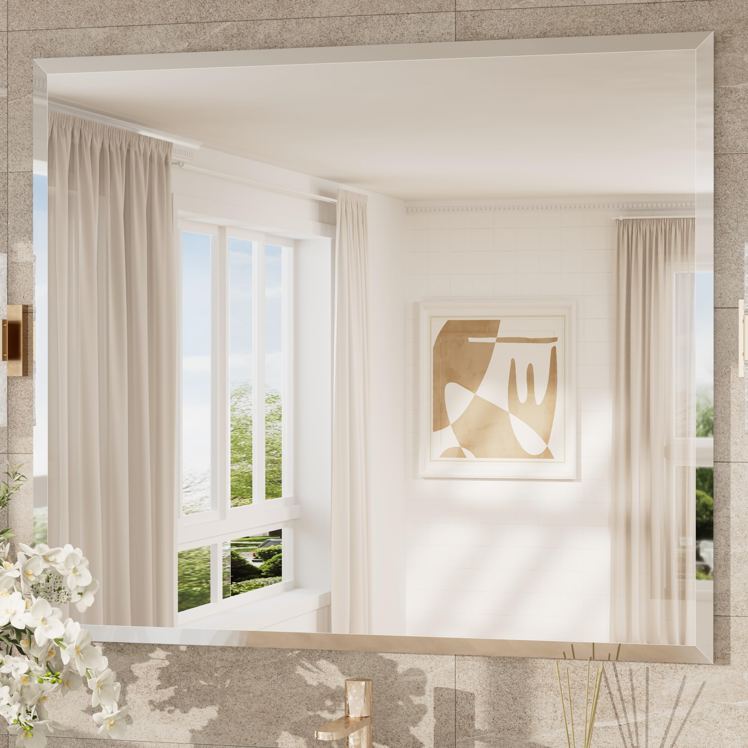 tokeshimi 42x36 beveled frameless bathroom mirror decorative, bathroom vanity mirrored with 1" beveled edge, shatterproof modern frameless mirror rectangle for living room, entryway, restroom