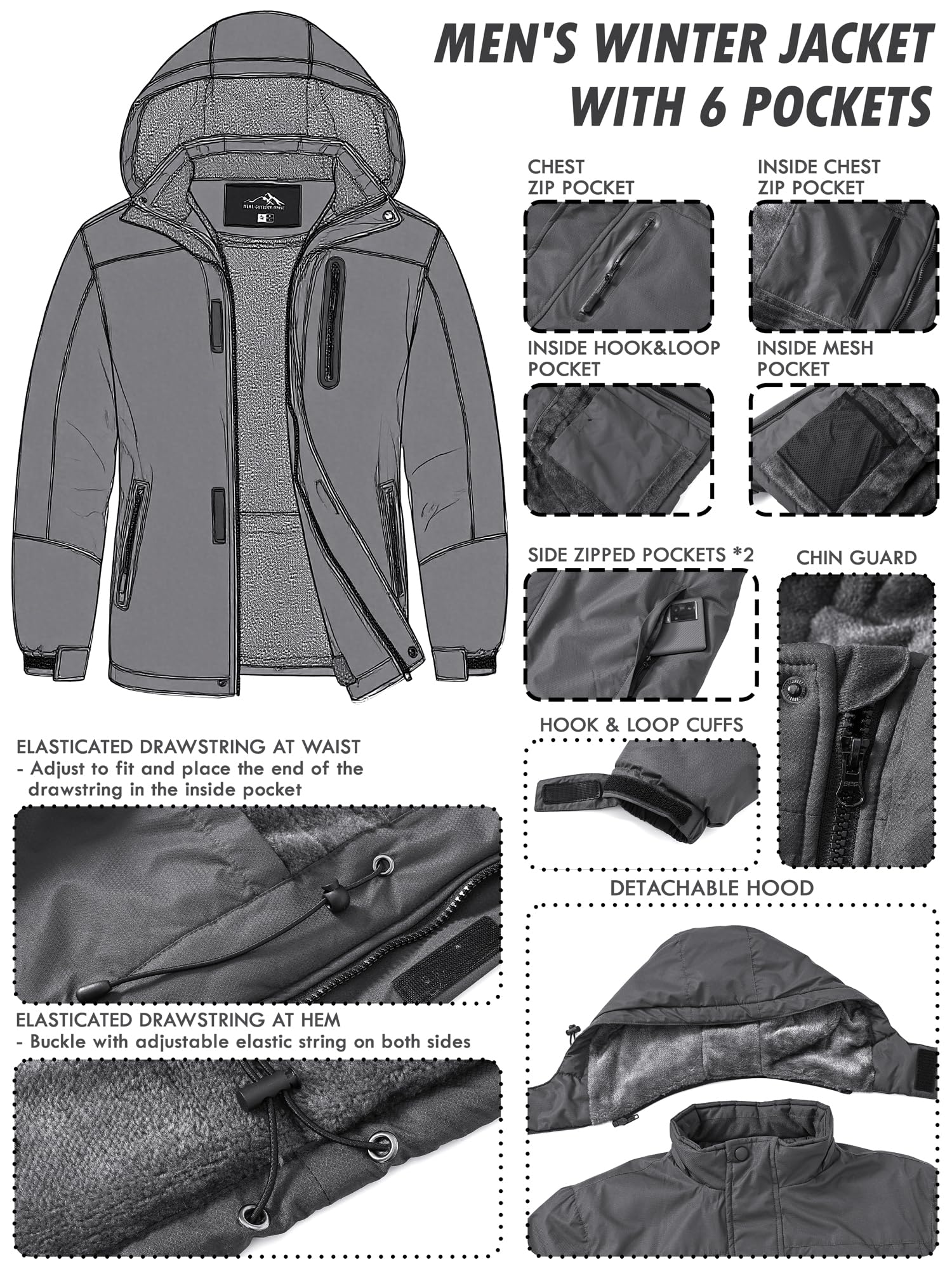 Peakwell Uomo Foderato Giacca Invernale Calda Jacket Impermeabile e Antivento Outdoor Giacchetta Funzionale da Sci con Cappuccio Staccabile
