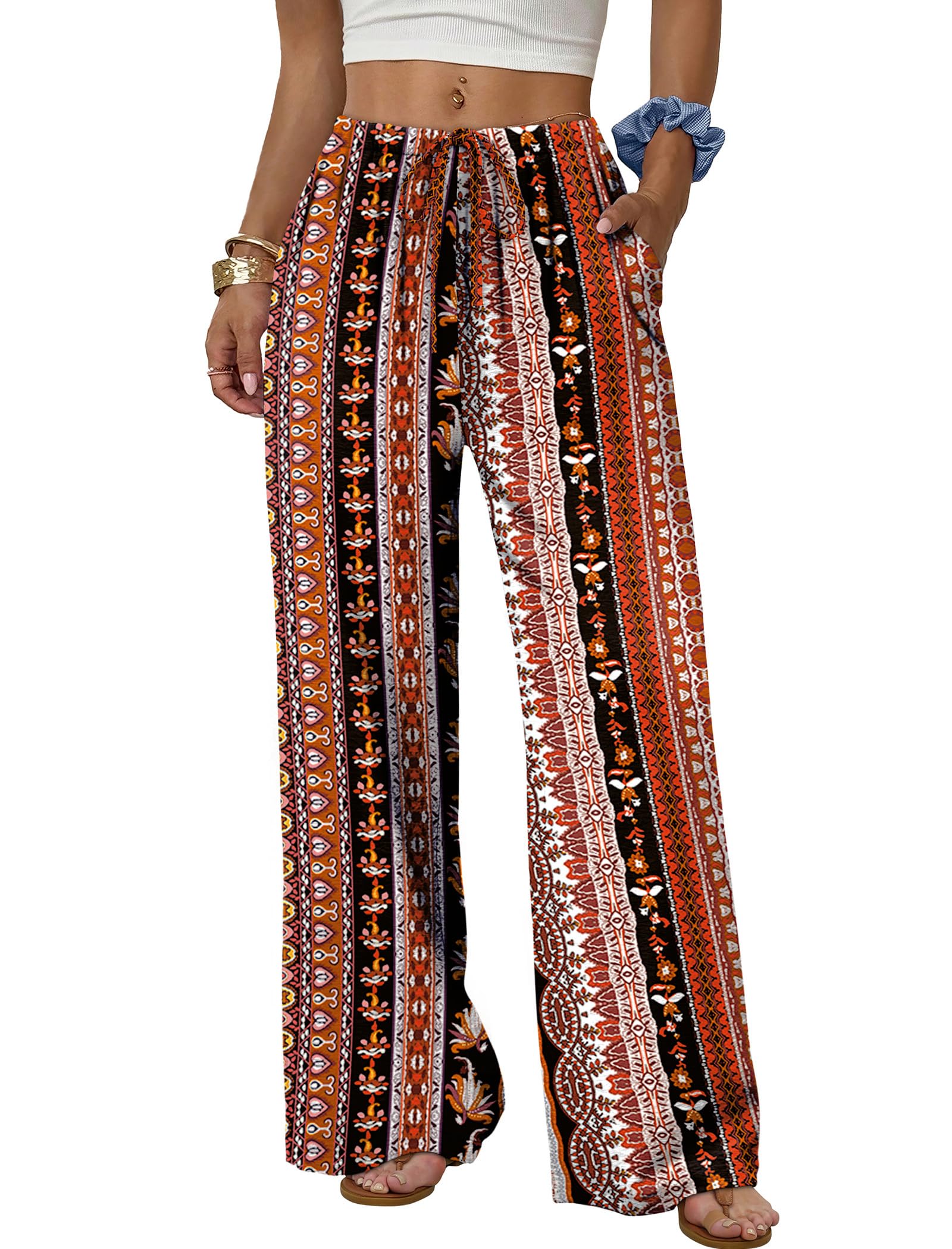 Sampeel Wide Leg Pants for Women Flowy Palazzo Drawstring Elastic Waist Trousers with Pockets Summer Beach Vacation Clothes Pattern Boho Striped Large