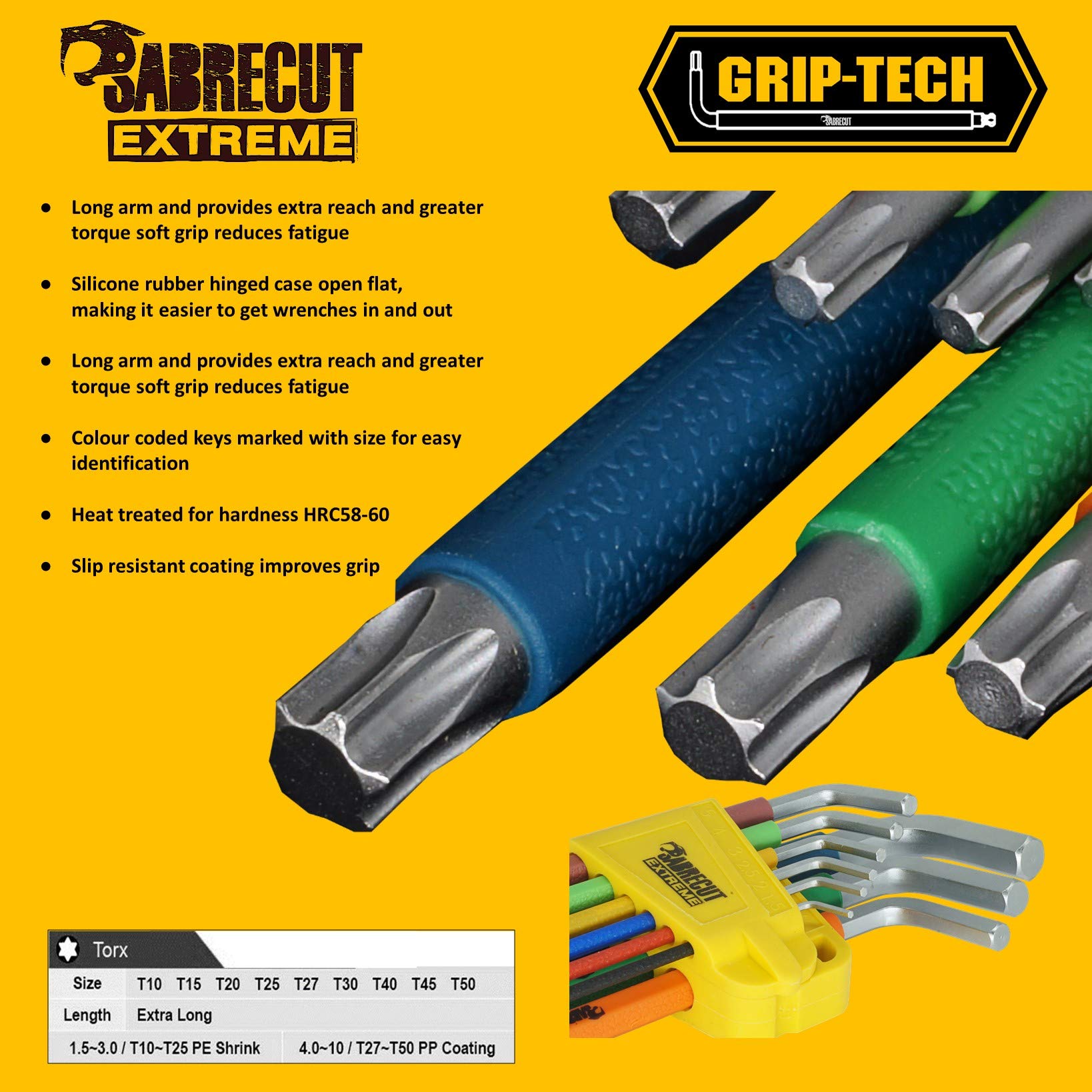 SabreCut Juego de llaves SCTGK1 de 18 piezas con agarre suave y comodidad extralargas hexagonales hexagonales de diamante Hex Plus y Torx con codificación de colores tamaños de 1,5mm a 10mm T10-T50