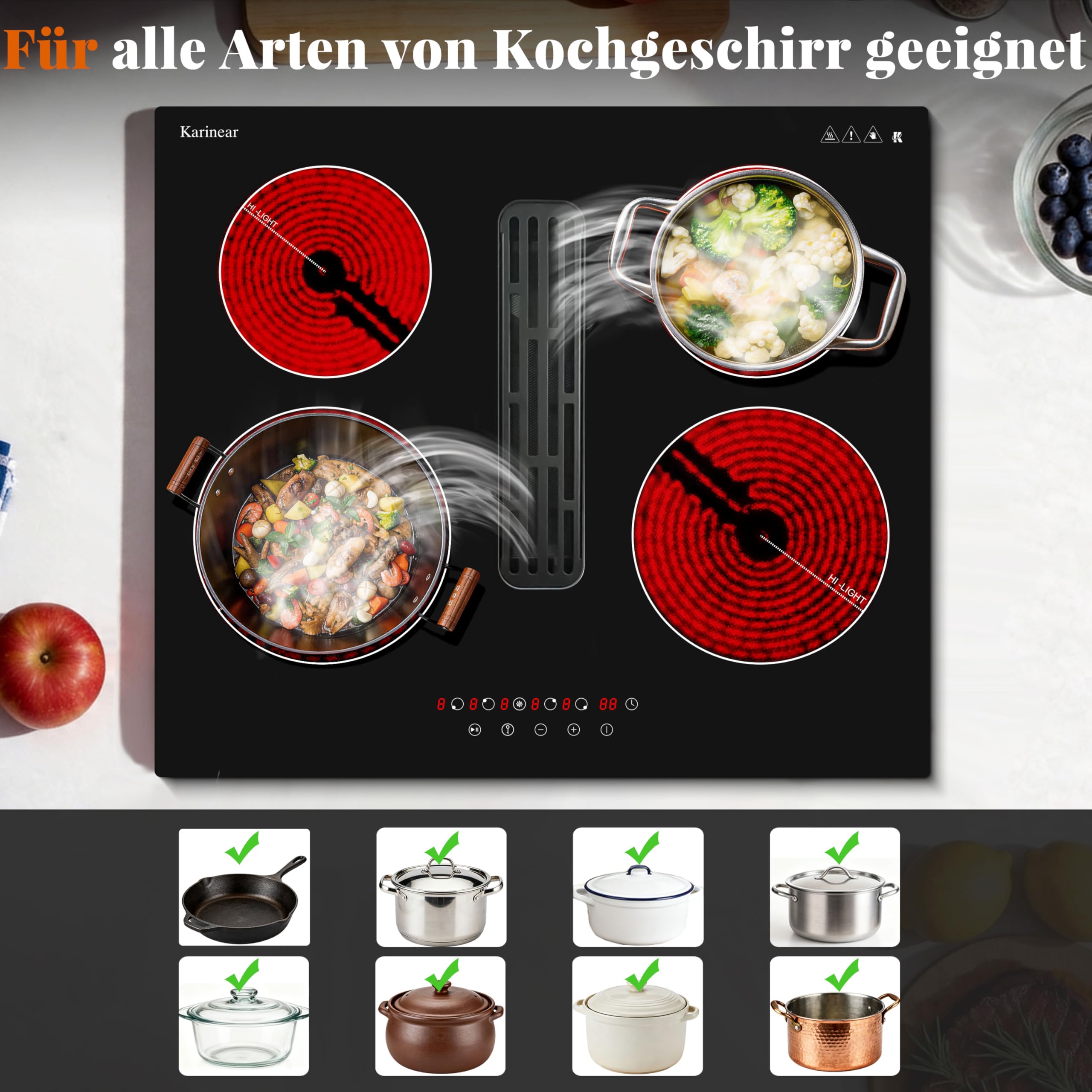 Karinear Kochfeld mit Dunstabzug 60 cm, 6000W, 4 Platten, Touch, Timer | 60 cm Kochfeld mit Dunstabzug, 6000W, Herdplatte 4 Kochfelder, Integrierter Abzug, Touch-Steuerung, Timer und Pause-Funktion.
