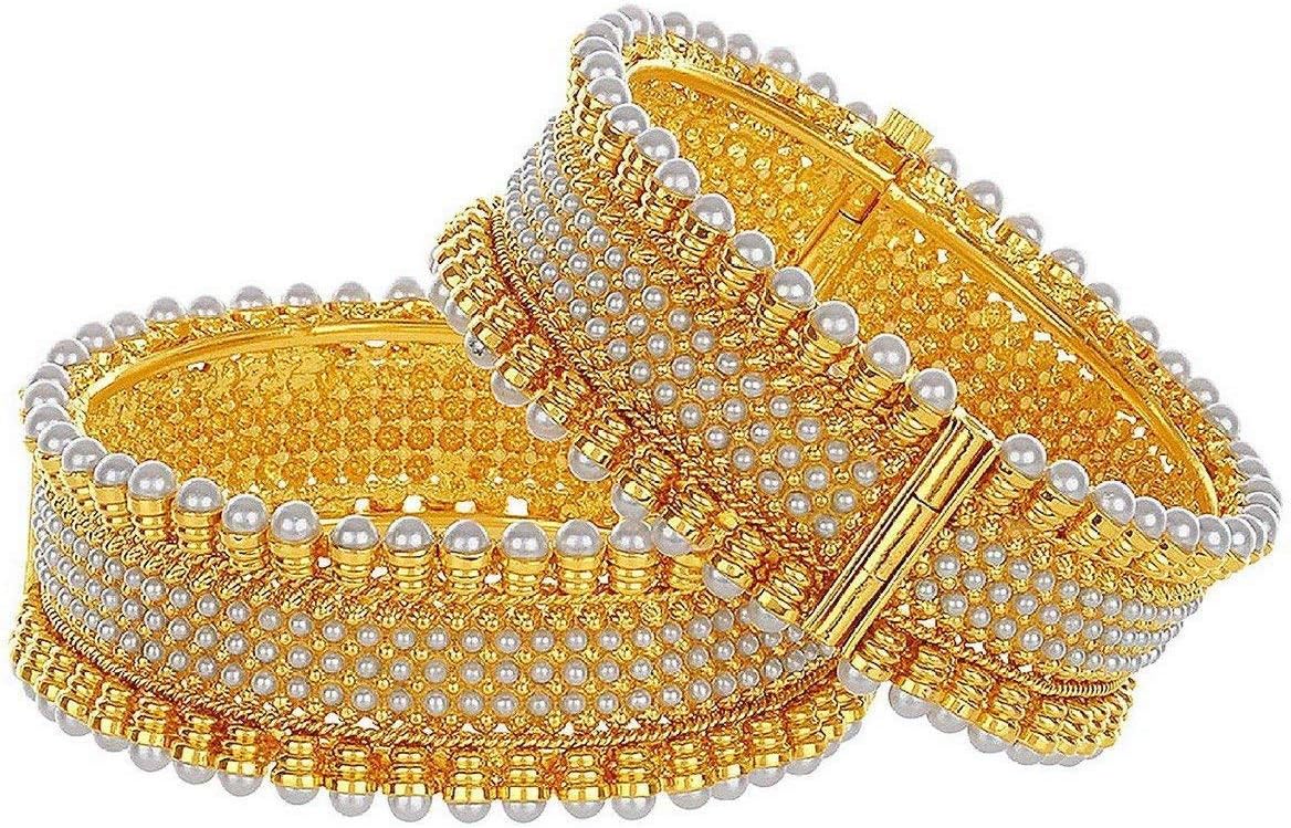 Indian Bangles for Women Gold Tone Traditional Bridal Faux Pearl Beaded Bracelets Bollywood Jewelry Fashion Wedding Bracelet Bangle Set (2 Pcs)