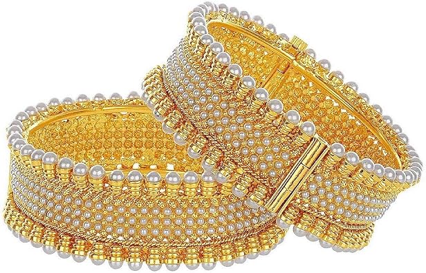 Efulgenz Indian Bangles for Women Gold Tone Traditional Bridal Faux Pearl Beaded Bracelets Bollywood Jewelry Fashion Wedding Bracelet Bangle Set 2 Pcs