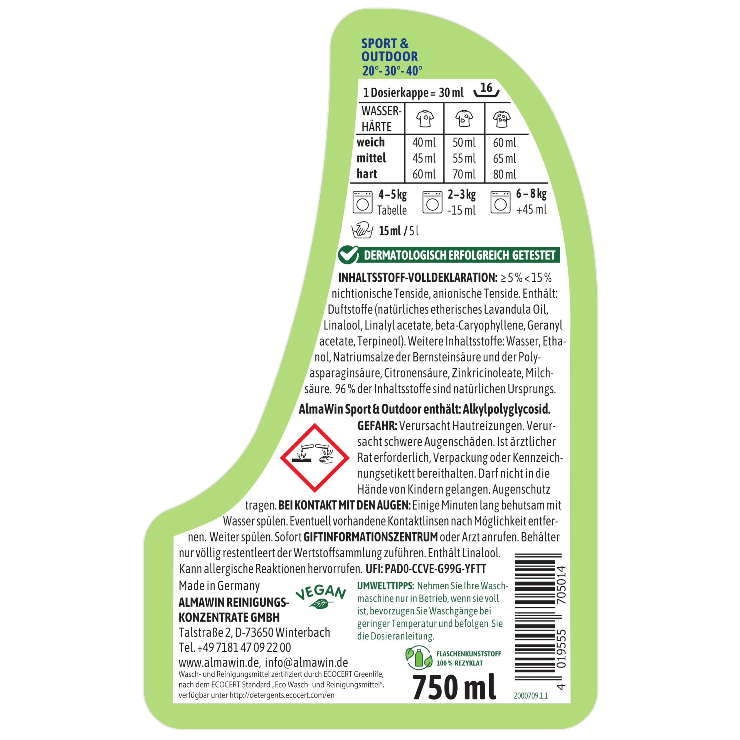 AlmaWin® Sportwaschmittel für Funktionskleidung [6x 750ml] entfernt effektiv Schweißgeruch - Membranfunktion-schützendes Funktionswaschmittel - Outdoor Waschmittel - Reisewaschmittel [20-40°C]