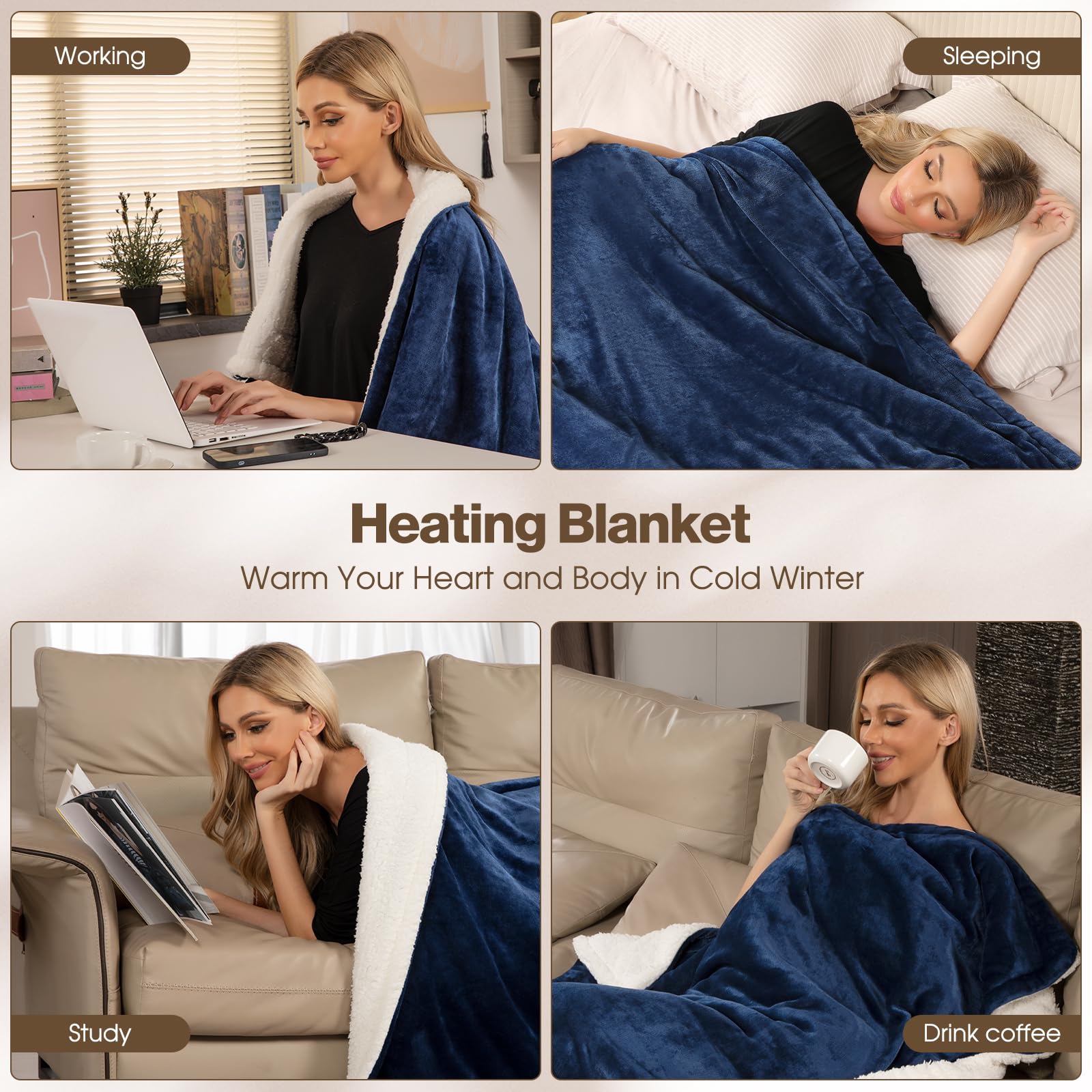 OneAmg Coperta Termica Elettrica,155x180cm 6 Livelli di Riscaldamento,Timer 10H,Spegnimento Automatico Della Coperta Elettrica -con Telecomando Digitale,Lavabile in Lavatrice,Plaid Riscaldabile Blu