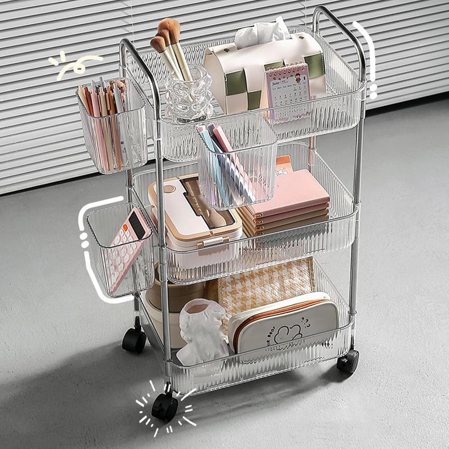 Space Efficient Rolling Cosmetic Tower Clear Storage Systems with Ergonomic Multi Shelves Organizers Cart Multi Layer Rolling Organizers for Cosmetics