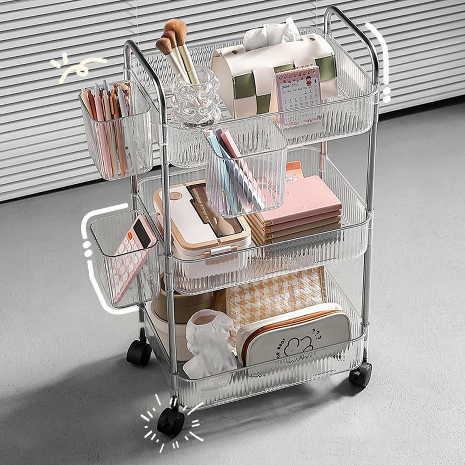 Chariot de rangement multifonction transparent avec lisse pour produits de soins de la peau, maison, bureau chariot de rangement transparent avec