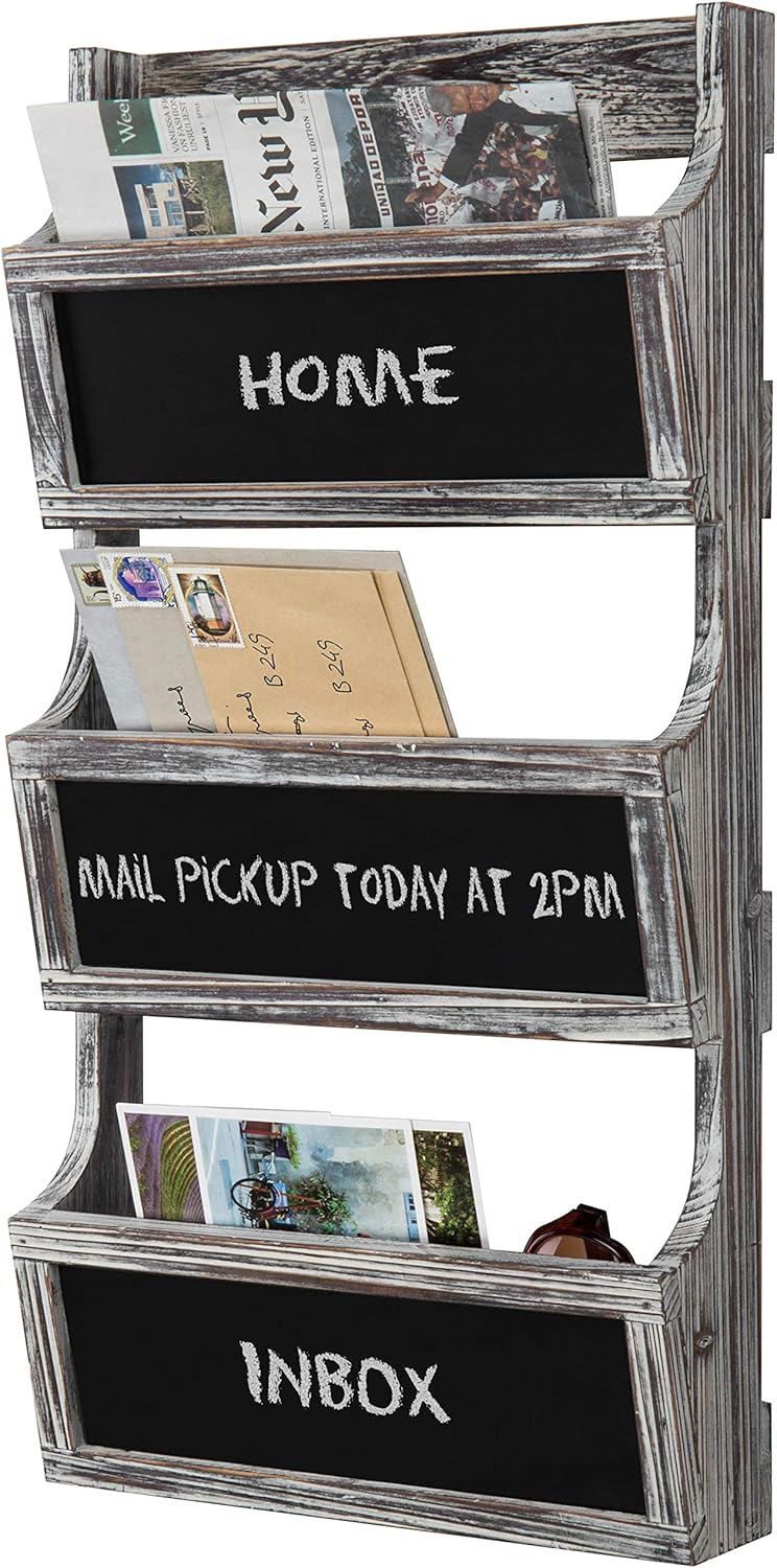 MyGift Wall Mounted Torched Solid Wood Magazine and Mail Holder Organizer Rack with 3 Slots and Chalkboard Labels Torched Wood