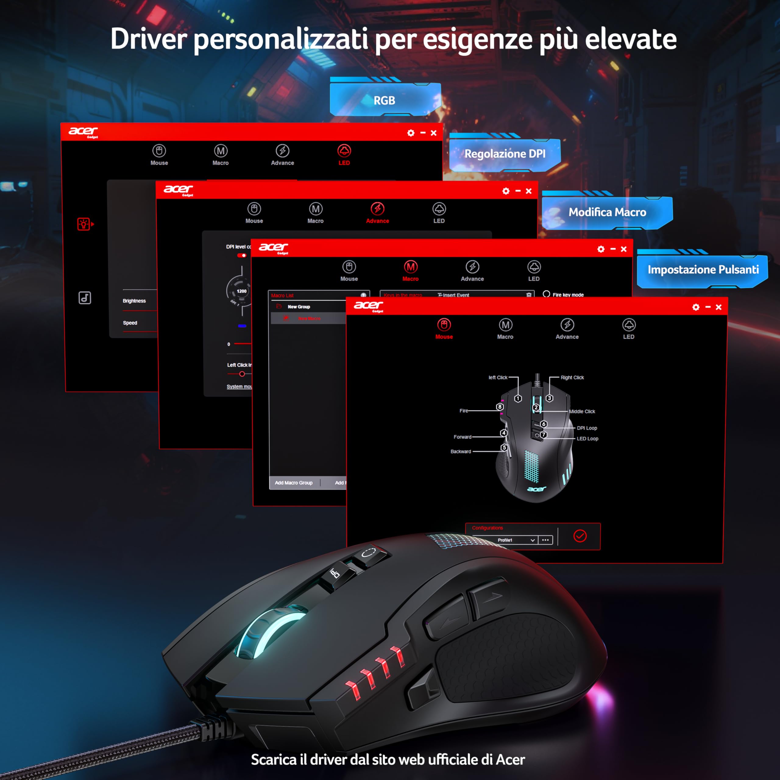 Acer Mouse Gaming Cablato per PC, Sensore da 12800 DPI, 8 Pulsanti Programmabili con Tasti Laterali, Pulsante di Fuoco Programmabile con Macro, RGB Personalizzabile, Mouse da Gioco per MOBA/FPS