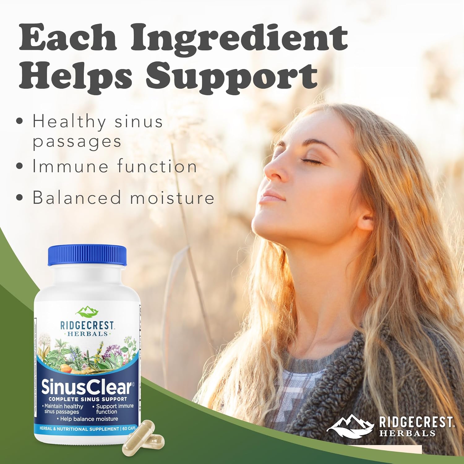 RidgeCrest Herbals SinusClear, Complete Formula for Sinus and Nasal Health with Mullein Leaf, Bromelain, Vitamin C, and Zinc, for Healthy Mucus, Immune & Respiratory Support, (60 Veg Caps, 30 Serv)