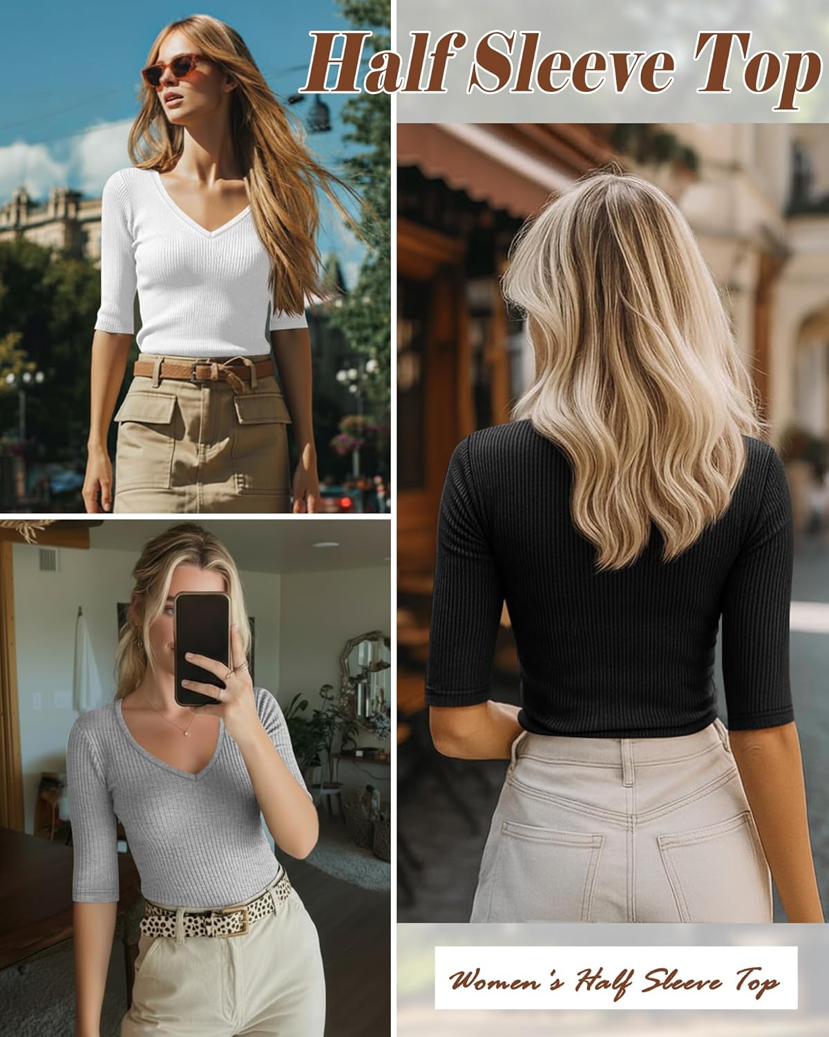 Riyiper 3 Pack Women's Half Sleeve Top Elbow Length Ribbed Cotton T Shirt Women V Neck Summer Tee Slim Fit Casual Blouses - Image 4