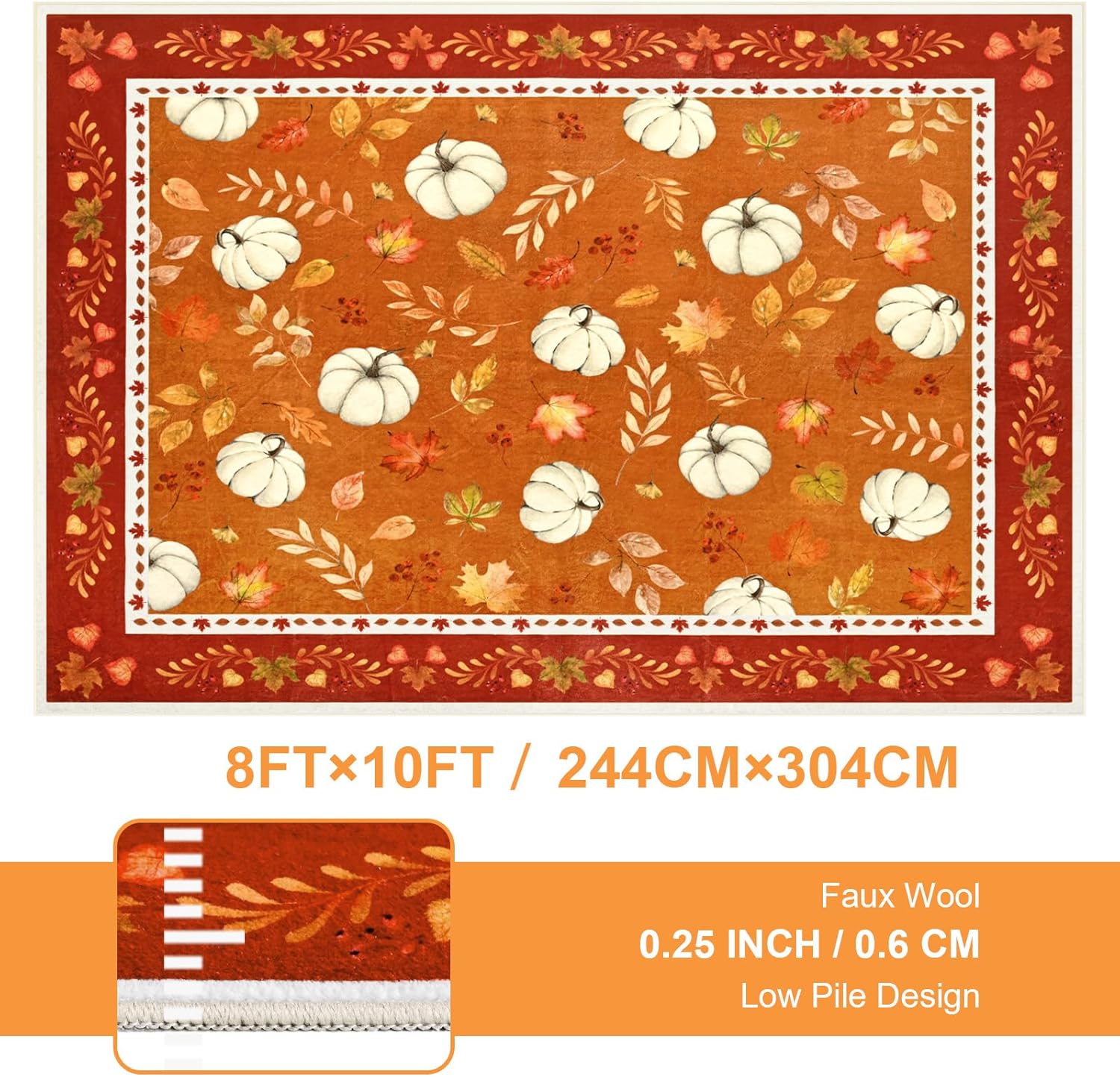 ASPMIZ Fall Area Rug 8x10, Thanksgiving Living Room Rug Washable Non Slip, Soft Faux Wool Pumpkin Leaves Large Autumn Rugs Low Pile, Fall Decorations for Home, Bedroom, Dining Room, Vintage Decor