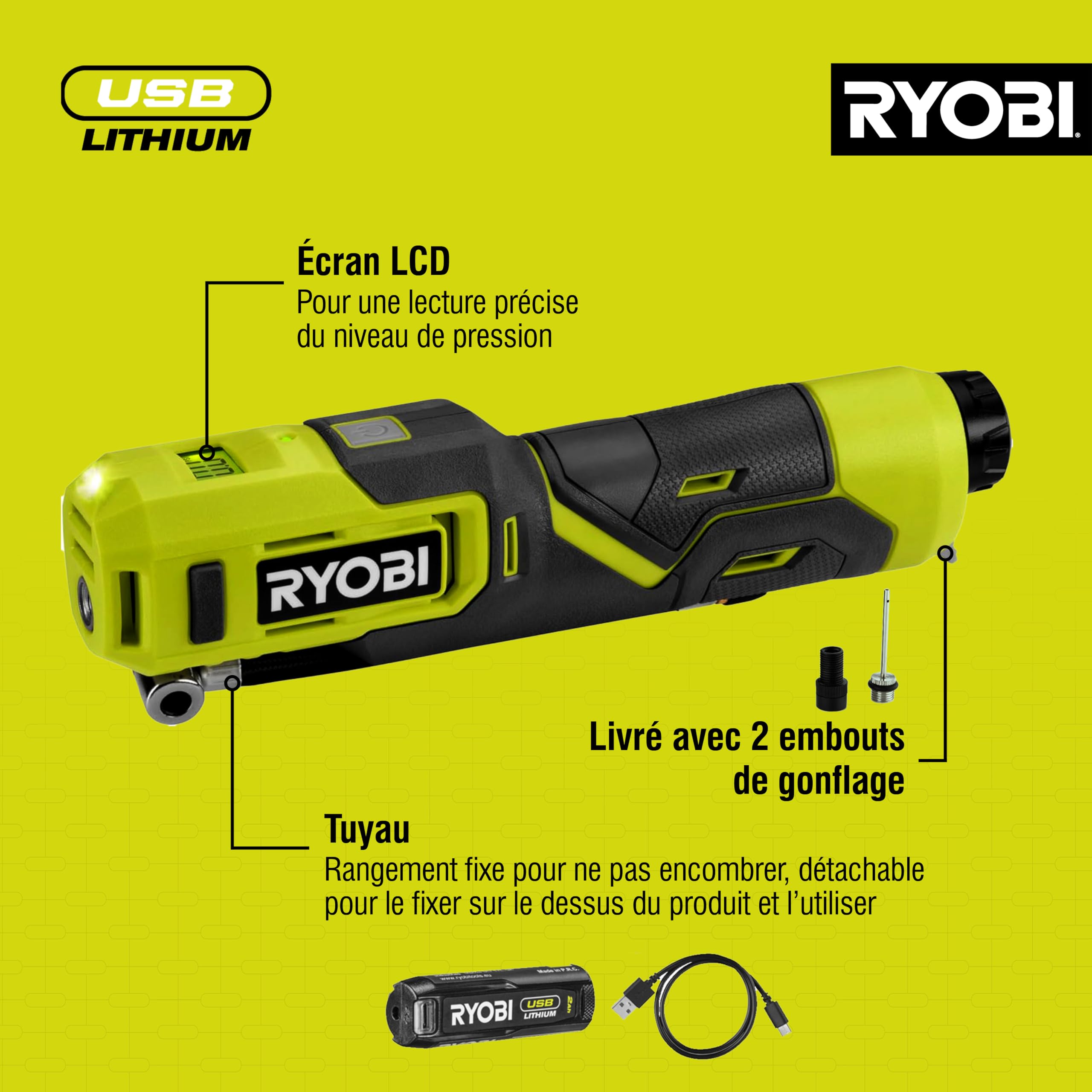 RYOBI - Gonfleur haute pression - 4V USB Lithium - RI4-120G - Vélos, ballons, compact, digital - 1 Batterie 2,0 Ah