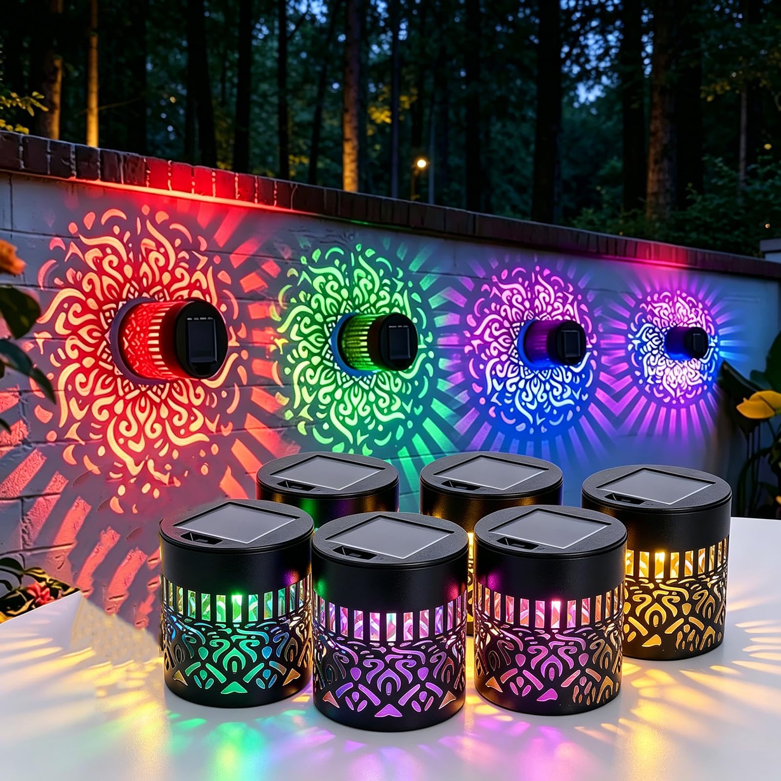 Solar Mandala Wall Lights, Mandala Solar Projector Light Outdoor, 7-Colour Changing Waterproof Metal Fence Light, Solar Powered Decorative Garden Lamp for Patio Yard Backyard Post (6, Colored)