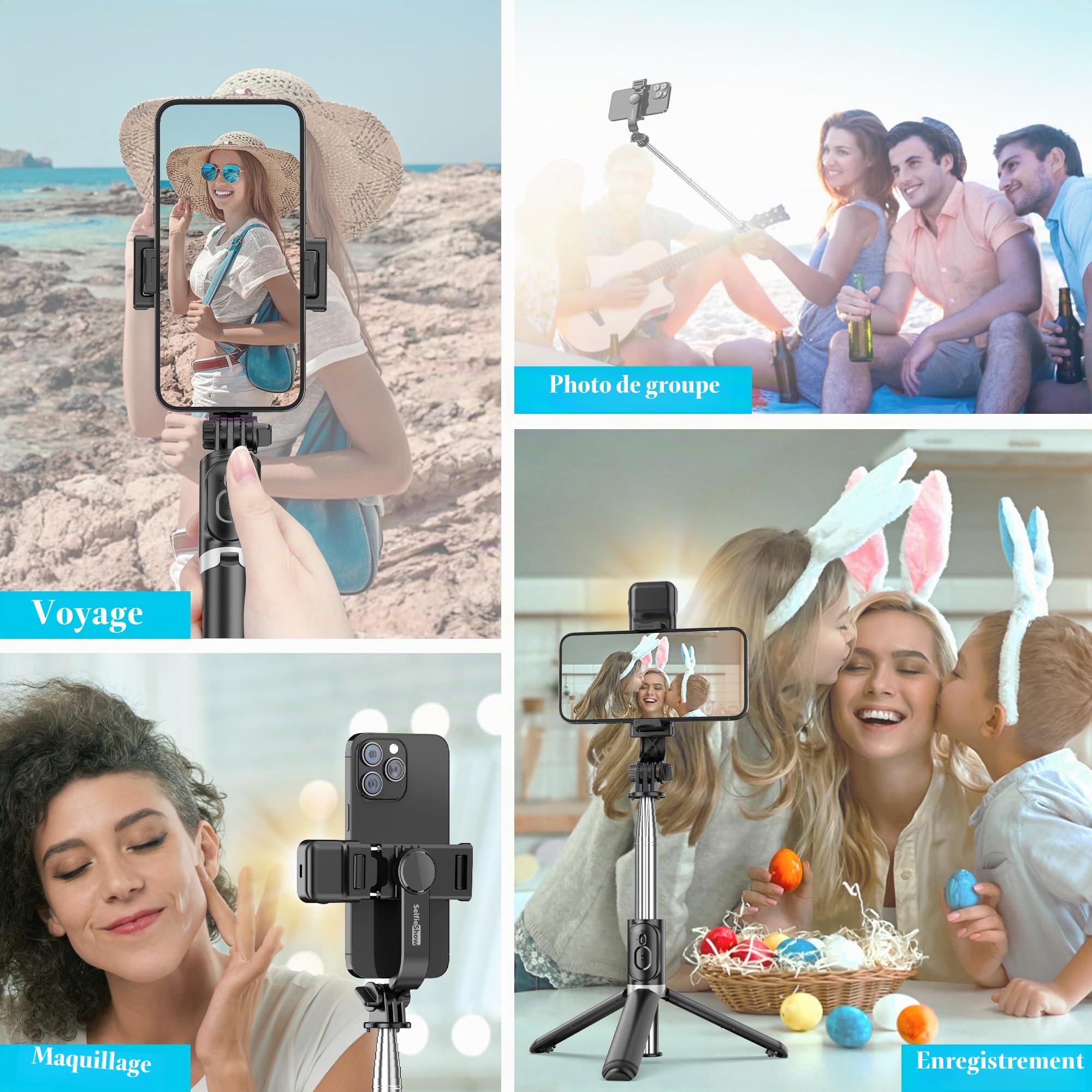 Perche Selfie Trepied avec Lumière, Perché à Selfie Trépied Smartphone Bâton Selfie Portable Télescopique avec Télécommande Amovible et Rotation à 360 ° pour iPhone, Samsung, Huawei
