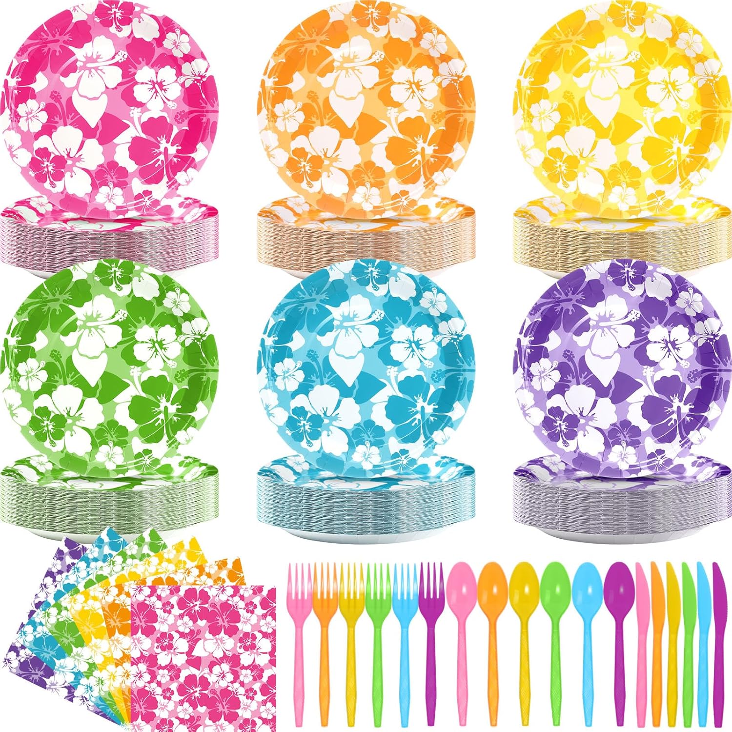 Nitial 72 Set 360 Pcs Hibiscus Party Plates Napkins Hawaiian Theme Tableware Set for Luau Table Decorations Supplies Tropical Dessert Plates Forks for Beach Party, Serve 72 Guests