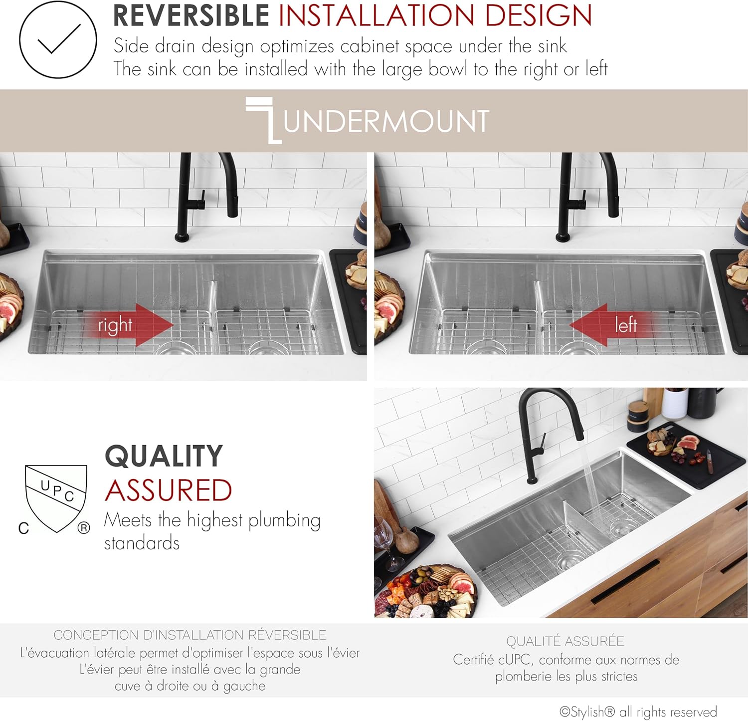Stylish 36 x 19 Inch Workstation Sink Double Bowl 16G Stainless Steel Reversible Undermount Kitchen Sink with Basket Strainers Bottom Grids Colander Black Drying Rack and Cutting Board S-636WK