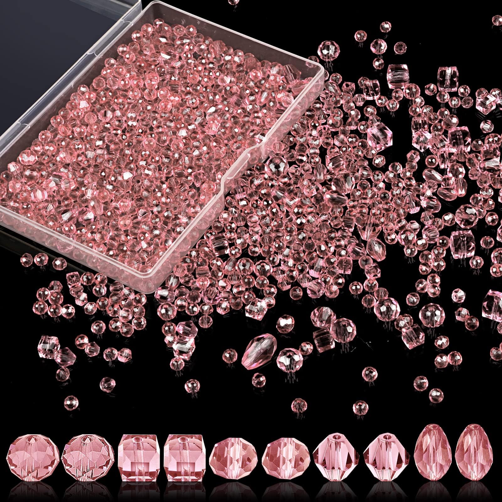 Crystal Beads, 600 Pcs Glass Beads, Assorted Crystal Beads for Jewelry Making, Rondelle Jewelry Beads with Container Box, Crystal Glass Beads for DIY Necklace Bracelet Earring(4/6/8mm, Pink Color)