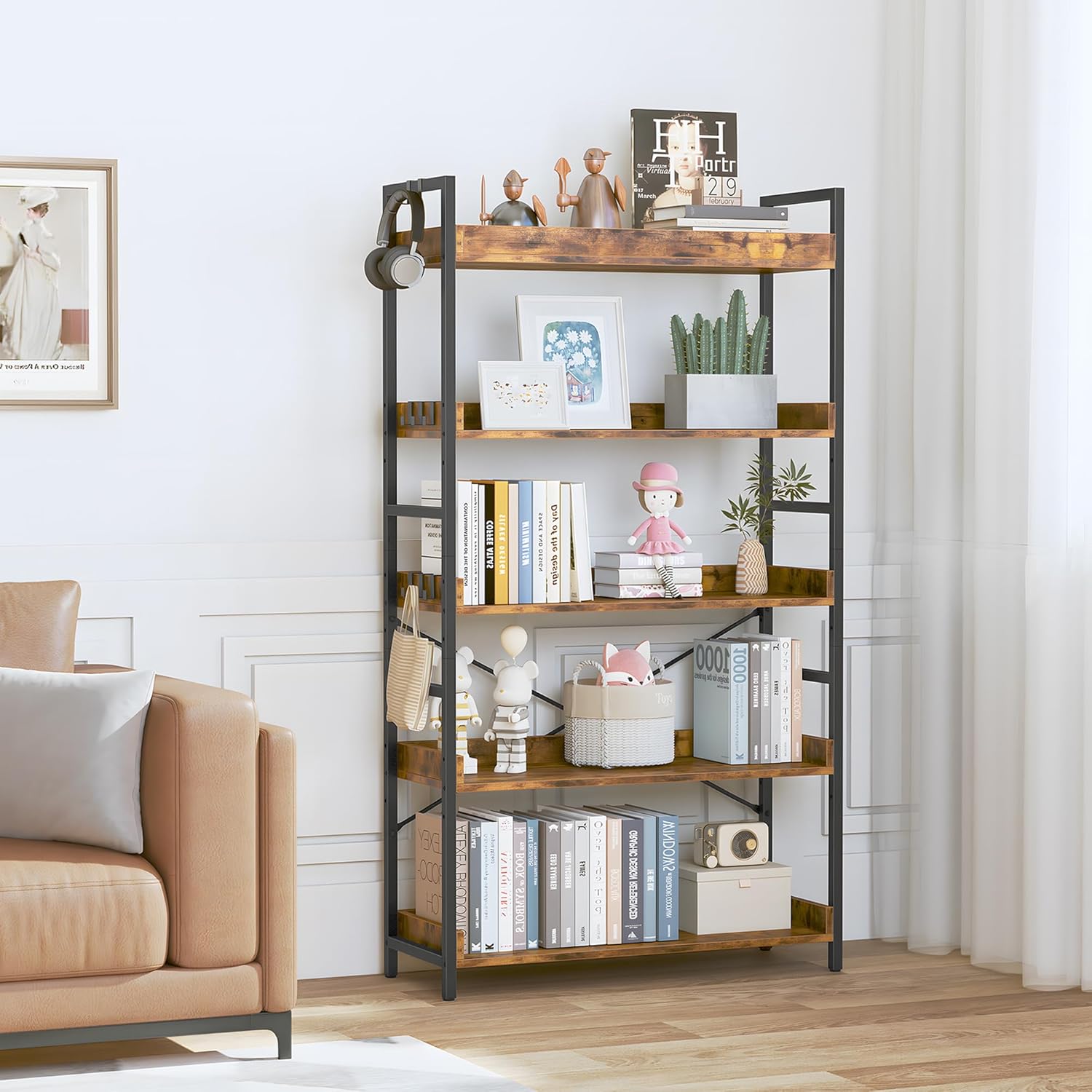 hchqhs 5 tier bookshelf, adjustable industrial bookcase, vertical tall book shelf, wood and black metal open bookshelves for home office, living room, bedroom 5-tier (31.5"w x 57"h) rustic brown