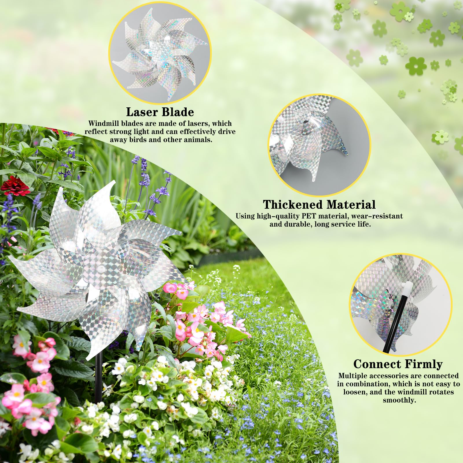 CIYIN 6 Pezzi Mulino a Vento Riflettente, Dissuasori Per Piccioni, Girandola a Vento Riflettente, Repellente per Uccelli Girandole, Girandole Uccelli per Balcone Frutteto, Giardino, Cortile- Argento