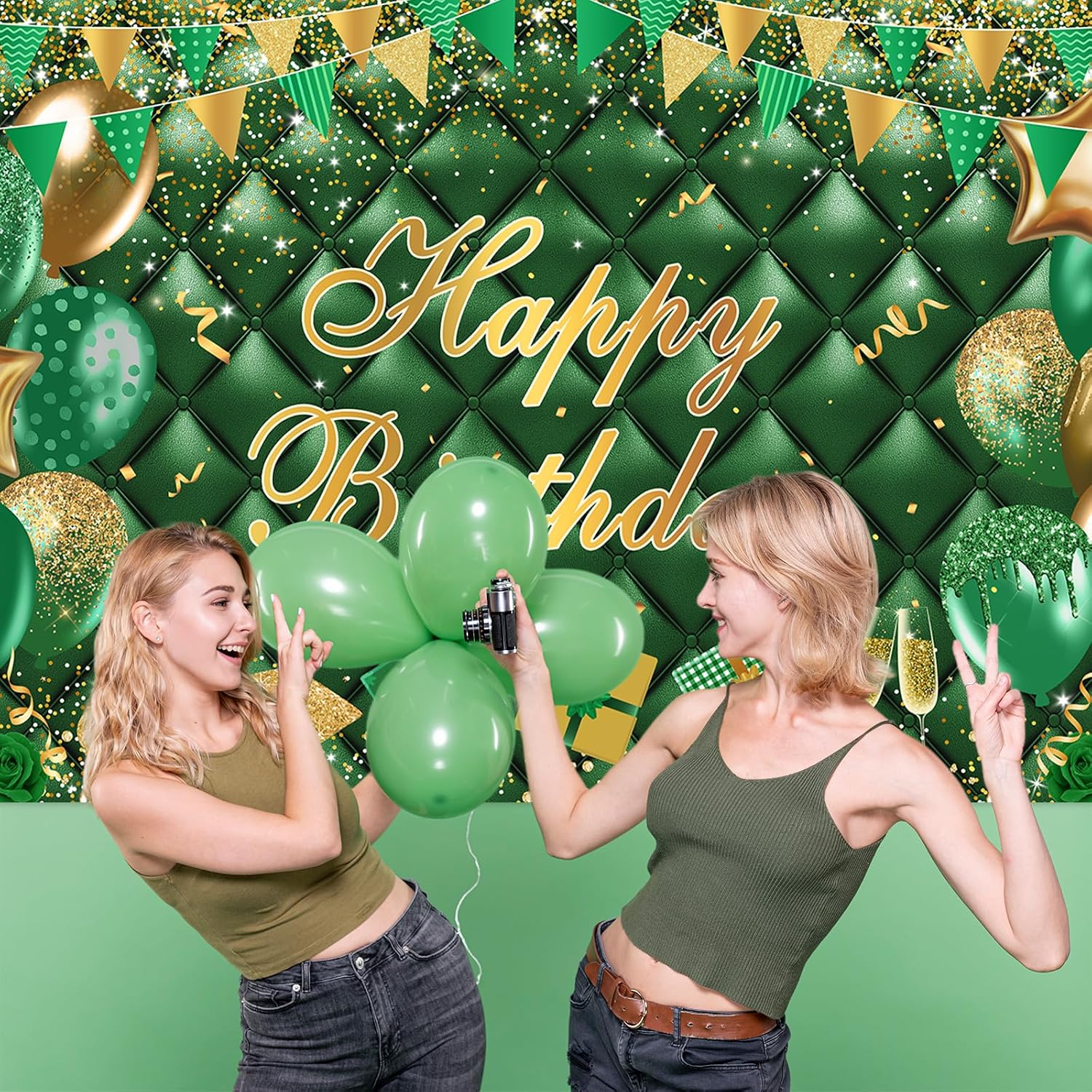 Avezano Green Happy Birthday Banner Gold Green Bokeh Balloons Happy Birthday Photography Background for Men Women Green Gold Birthday Party Decoration Banner 70.8 x 43.3 Inch