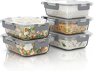 Arendo - Lunchboxen Glas - Frischhaltedosen für Lebensmittel mit Deckel luftdicht - 5er Set - 1000 ml - für Mikrowelle Ofen Gefrierschrank - Spülmaschinen geeignet - Vorratsdosen Meal Prep Boxen Set