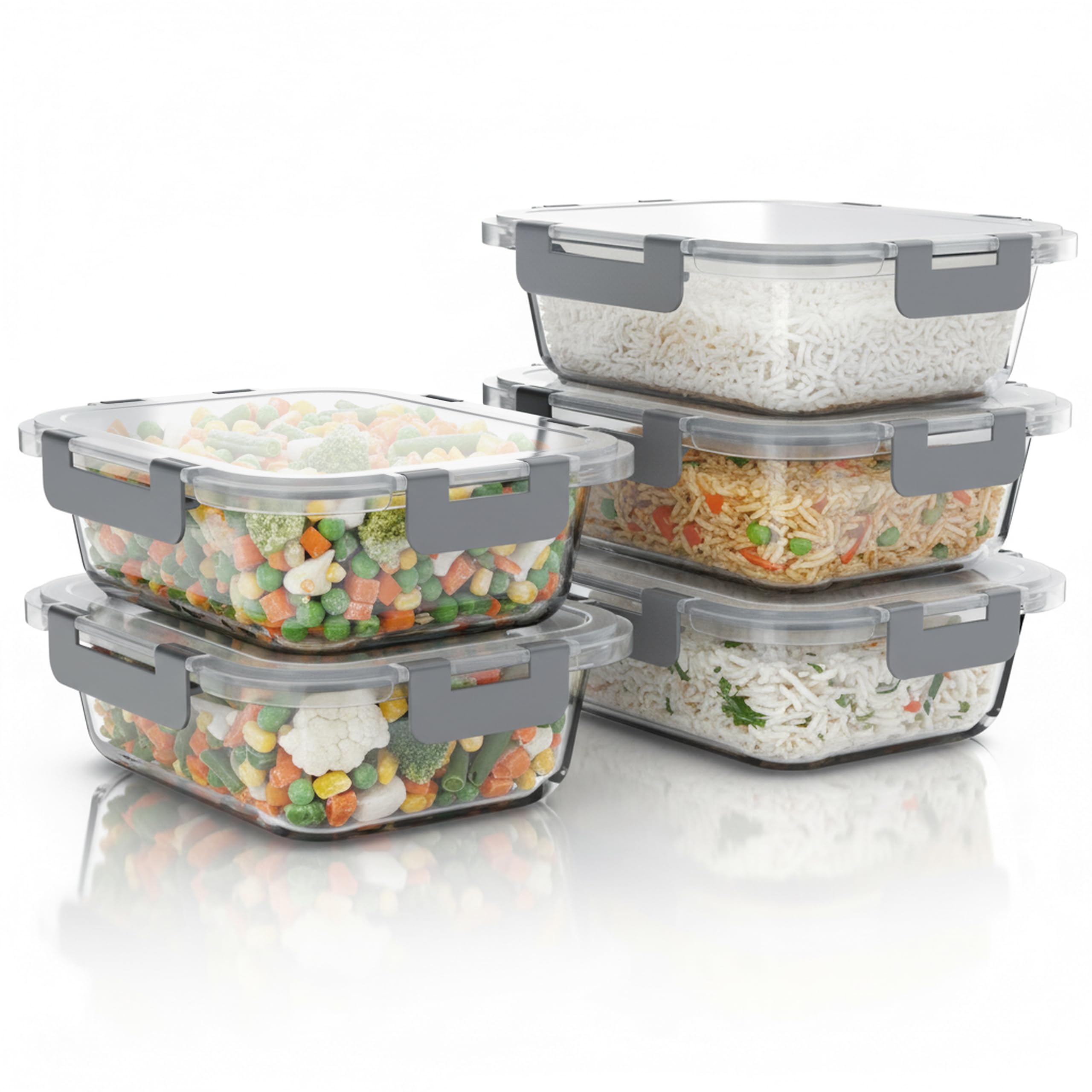 Arendo - Lunchboxen Glas - Frischhaltedosen für Lebensmittel mit Deckel luftdicht - 5er Set - 1000 ml - für Mikrowelle Ofen Gefrierschrank - Spülmaschinen geeignet - Vorratsdosen Meal Prep Boxen Set