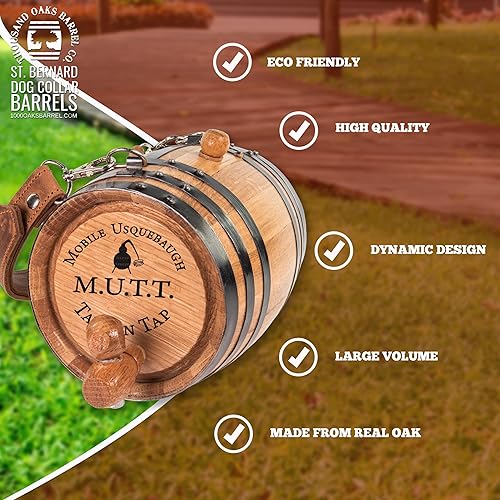 Vista 76 de St Bernard - Collar de barril de whisky para perro, Pooch Hooch' - Dispensador de barril de roble de 1/2 litro para perros San Bernardo con correa