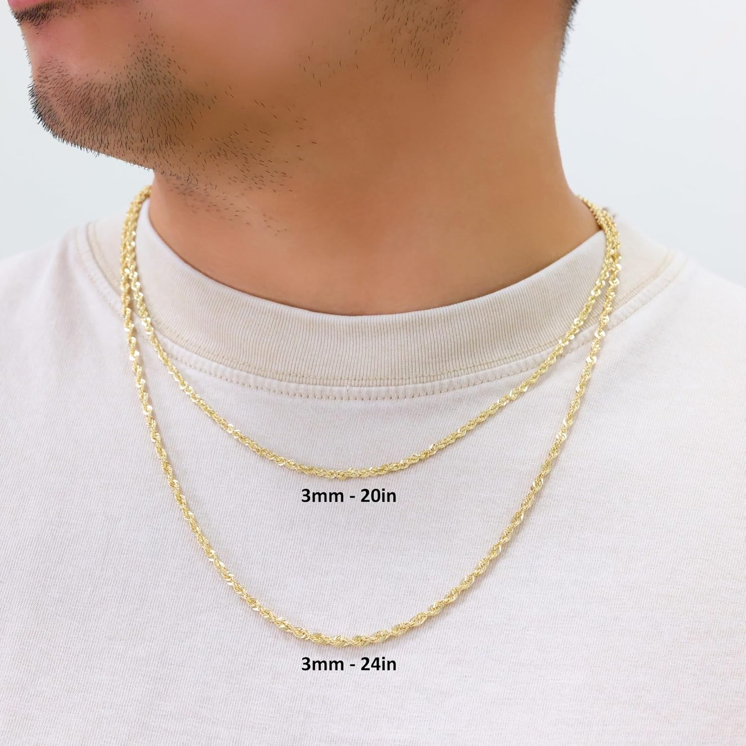Nuragold 10k Real Yellow Gold 3mm Rope Chain Diamond Cut Lightweight Necklace (16"-30") Italian Jewelry for Men & Women