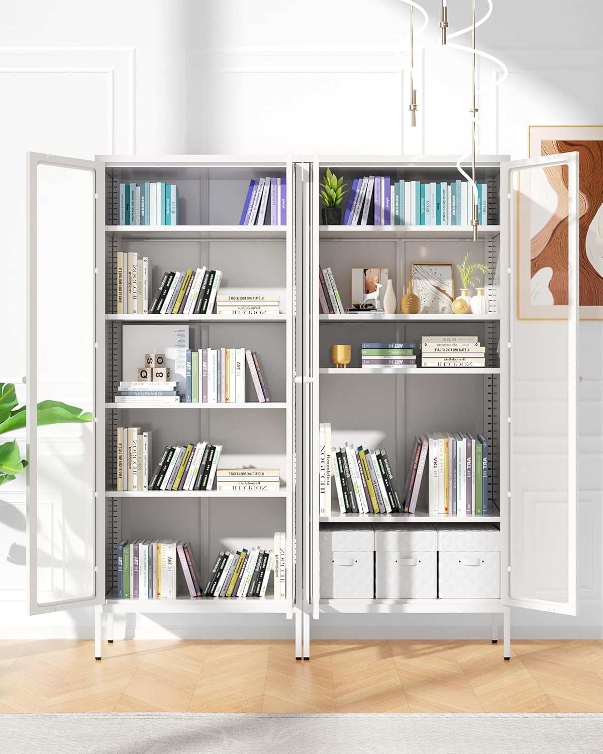 Bonusall Display Cabinet with Glass Doors,67” Metal Display Curio Cabinet with Glass Doors and 4 Adjustable Shelves for Collectibles,Home Office,Living Room,Gaming Room(White)