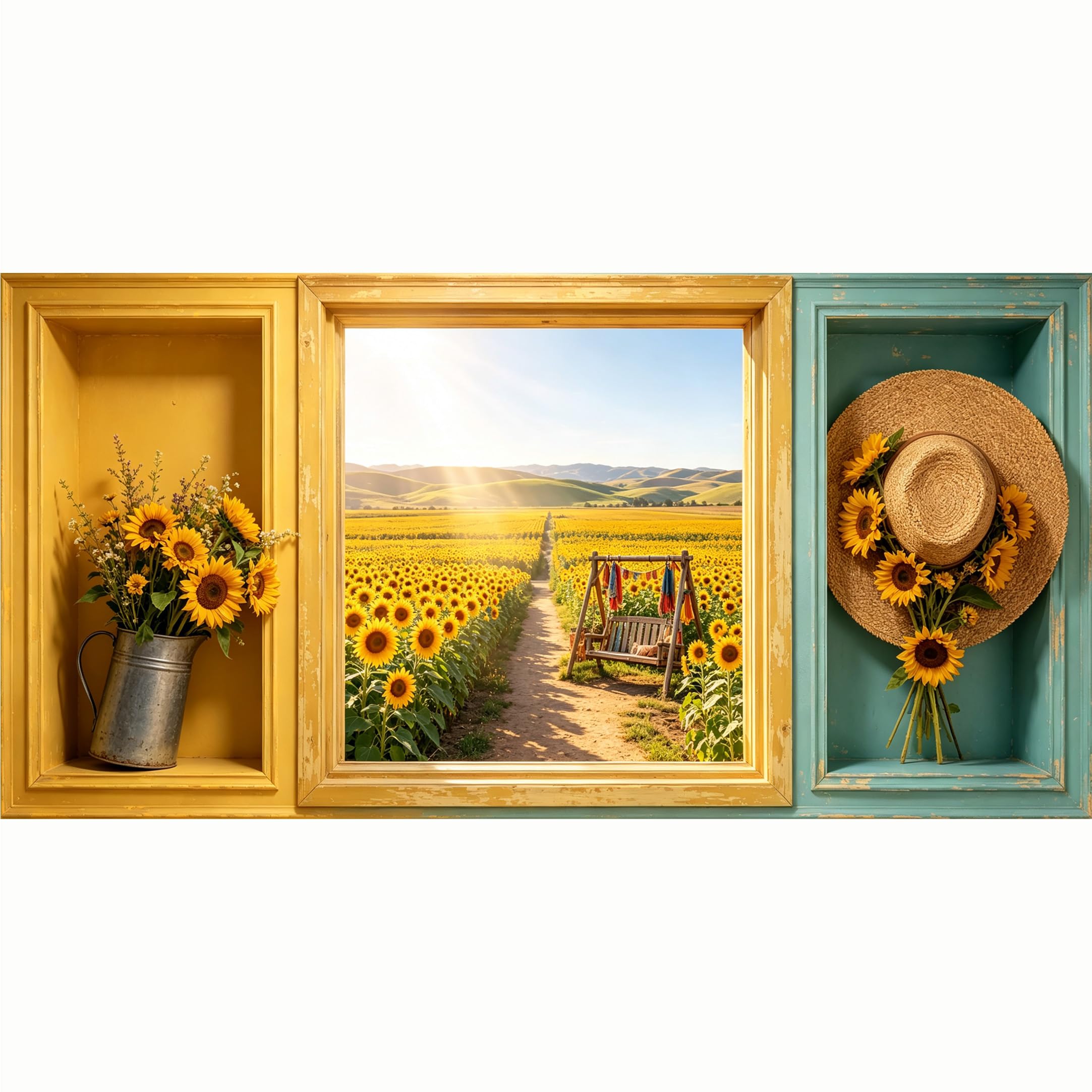 QZLITHOTIC 50x100cm 3D Framed Wall Art， Sunflower Field Farmhouse Landscape Self‑Adhesive Mural， Water‑Activated Peel & Stick Fabric Decor Wall Decal for Bedroom Living Room
