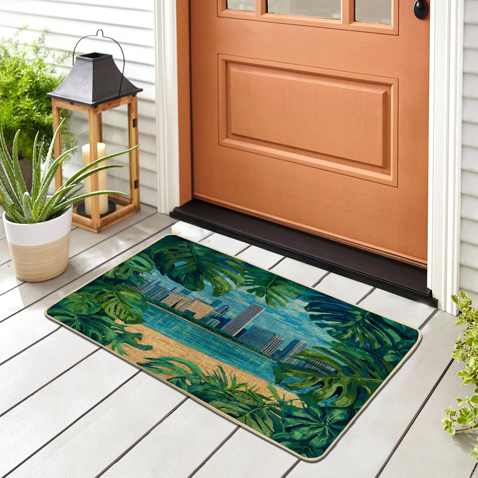 Paillasson entrée extérieure tropicale tapis feuilles botaniques Monstera noir