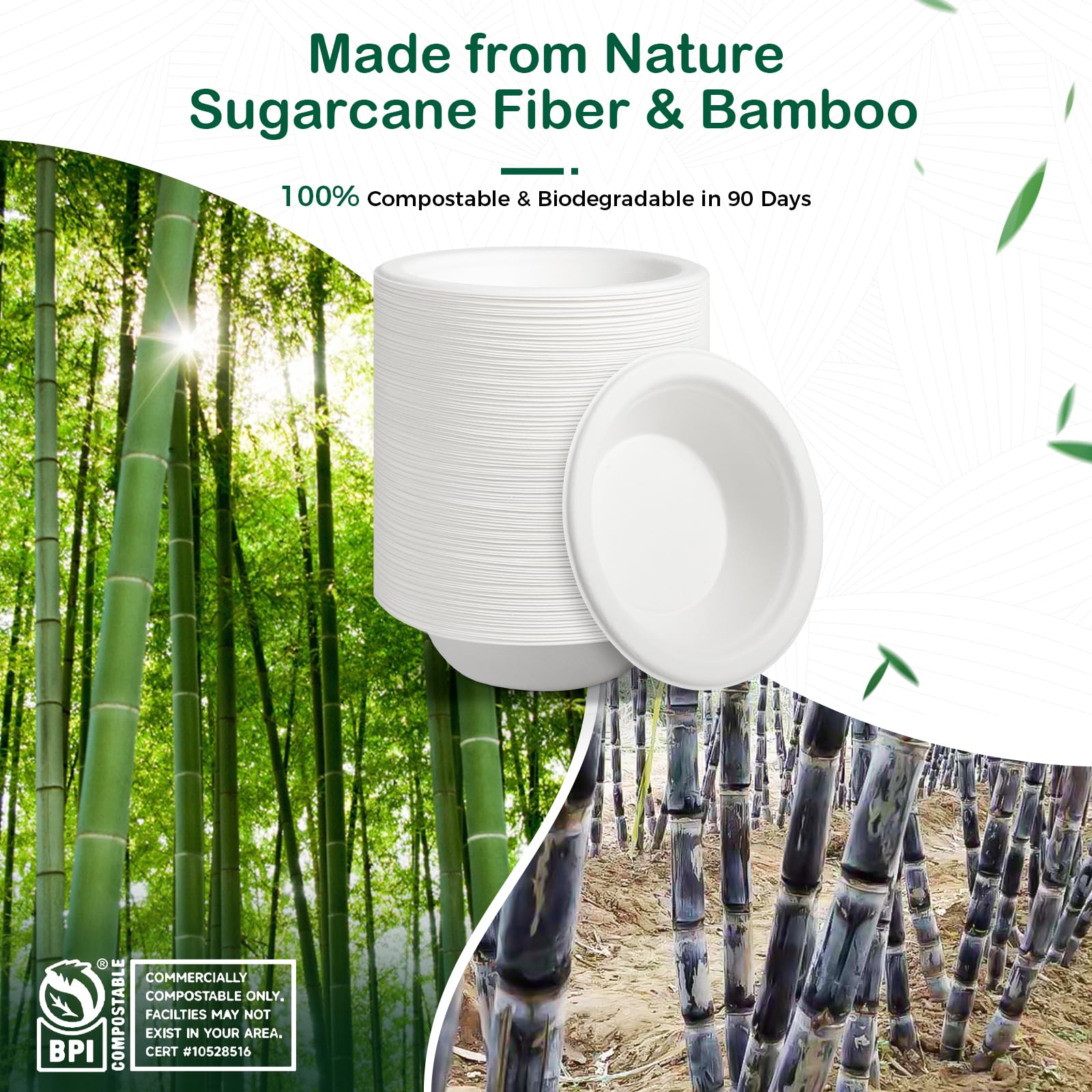 OasisSN [12oz, 128-Pack Compostable Paper Bowls, Heavy-Duty Biodegradable Disposable Bowls Made from Bagasse, Eco-Friendly, Microwave & Freezer Safe (BPI Certified)