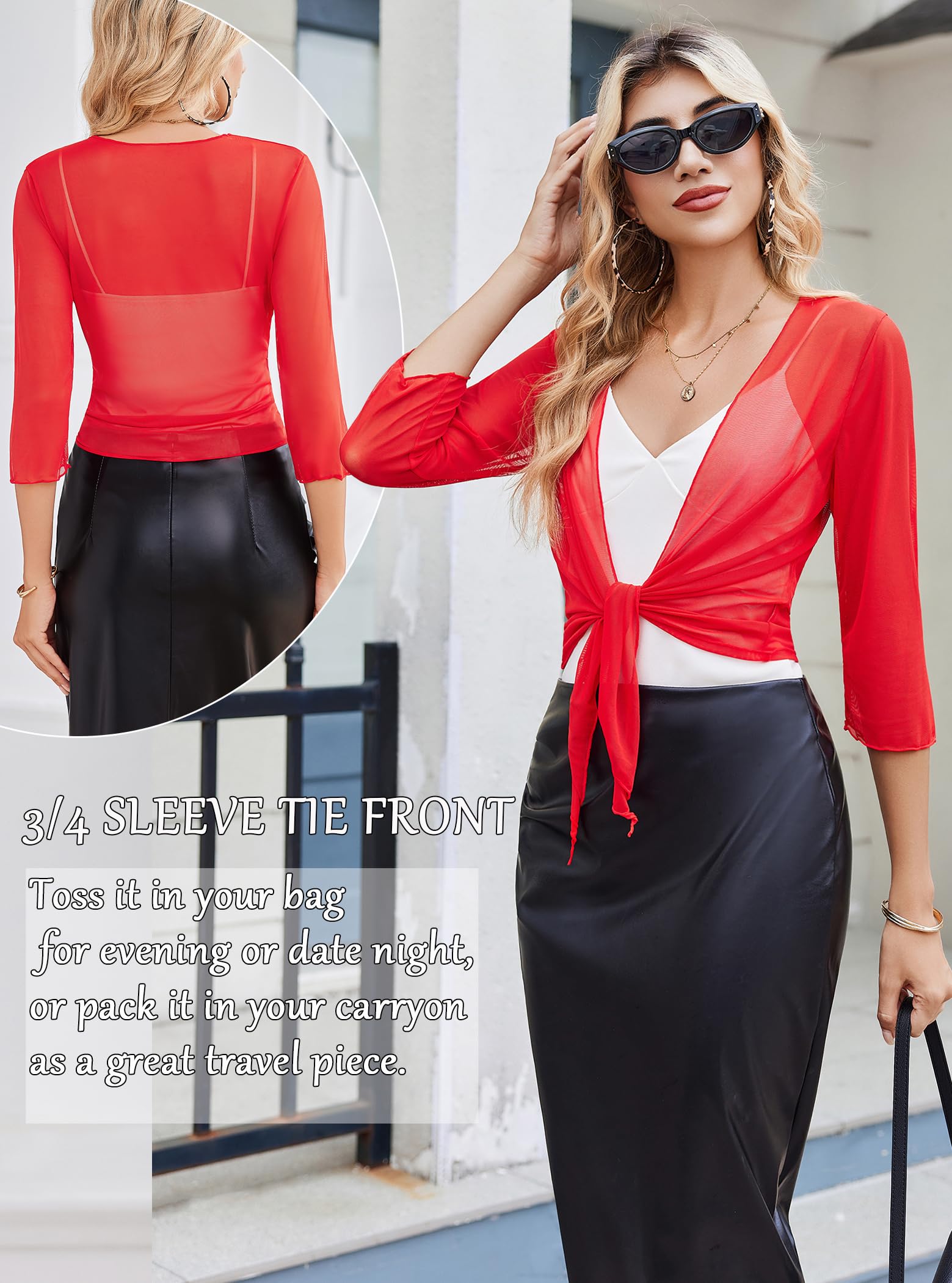 Avidlove Coprispalle da donna velato con nodo anteriore manica a 3/4 cardigan corto in rete bolero leggero coprispalle per elegante