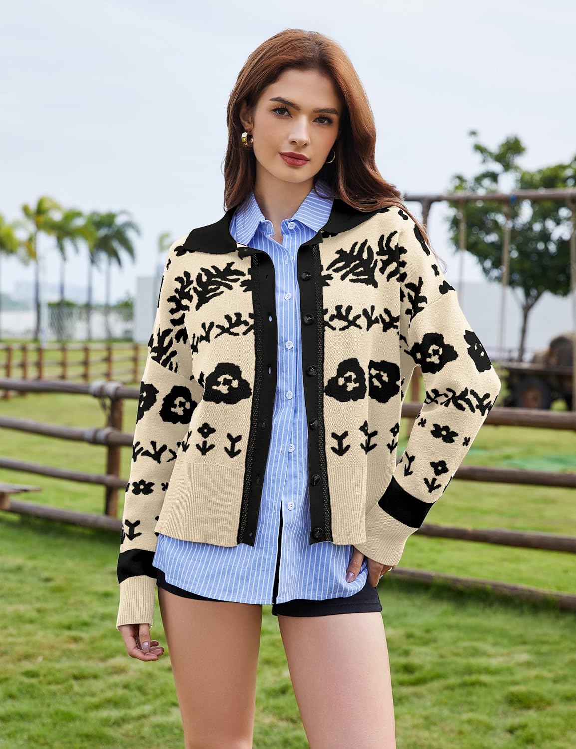 MISSACTIVER Floral Print Button Down Cardigan Sweaters for Women Long Sleeve V Neck Open Front Knit Crop Tops Fall Jacket - Image 2