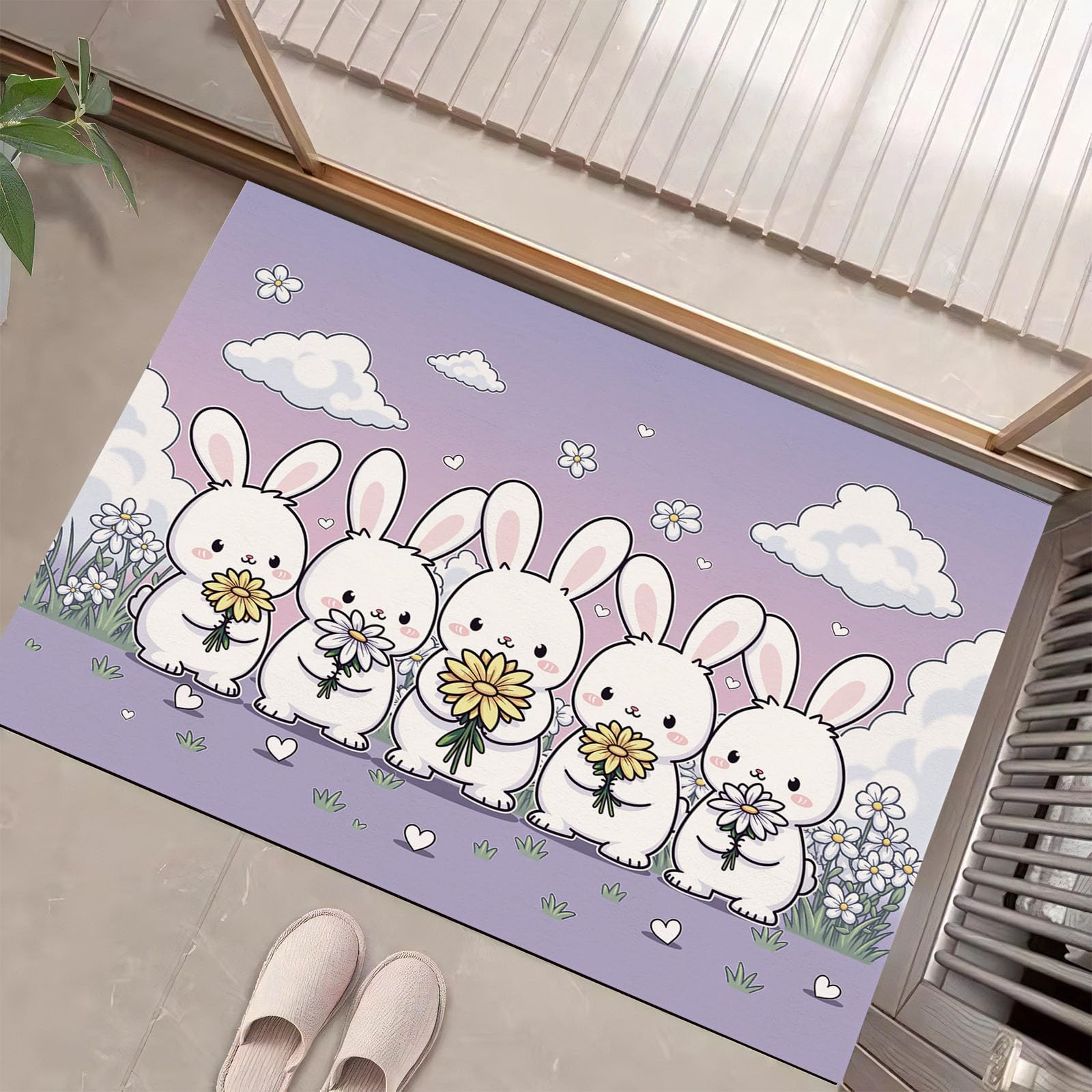 Paillasson lapin blanc en fleurs 80x120cm lavable et antidérapant