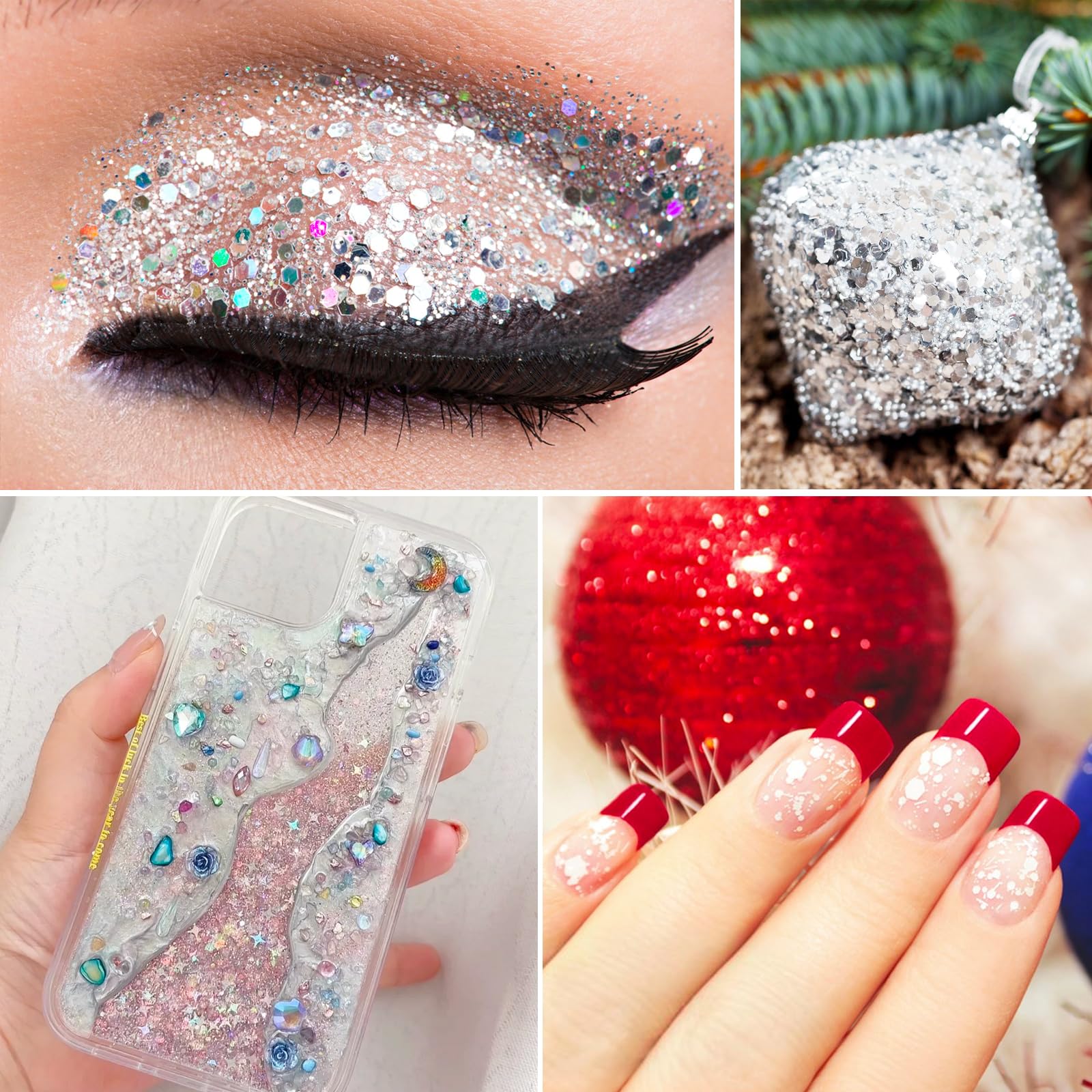 BETESSIN Polvere Glitter 50g per Artigianato, Unghie, Corpo e Creazione Fai da Te - Bianco Argentato