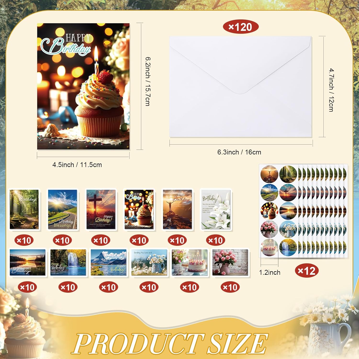 Motiskyy 120 Pack Religious Christian Birthday Cards Bulk with Scripture Bible Verse 4.5 x 6.2 Inch Assorted Christian Blessings Greeting Cards for Birthday with Envelopes and Stickers (Scenic Style)