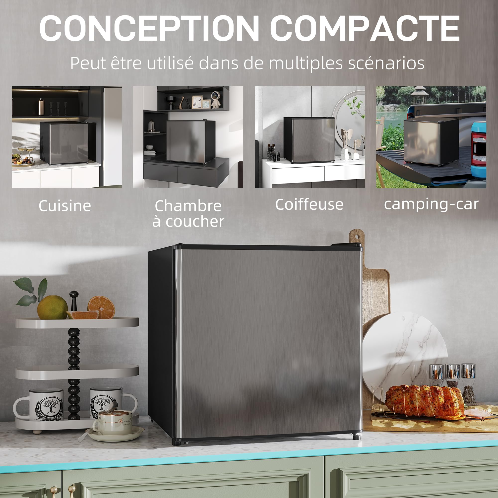 HOMCOM Réfrigérateur congélateur 46 L, mini frigo 41,5L+4,5L, silencieux, porte réversible, argenté