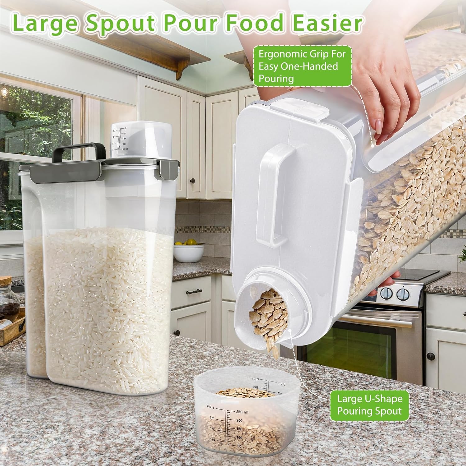 Rice Storage Container, 10 to 20lb Dry Food Airtight Dispenser, Pet Dog Cat Food Canister, BPA Free Clear Plastic Kitchen and Pantry Organization Bin for Oatmeal, Cereal, Pasta, Flour Grey