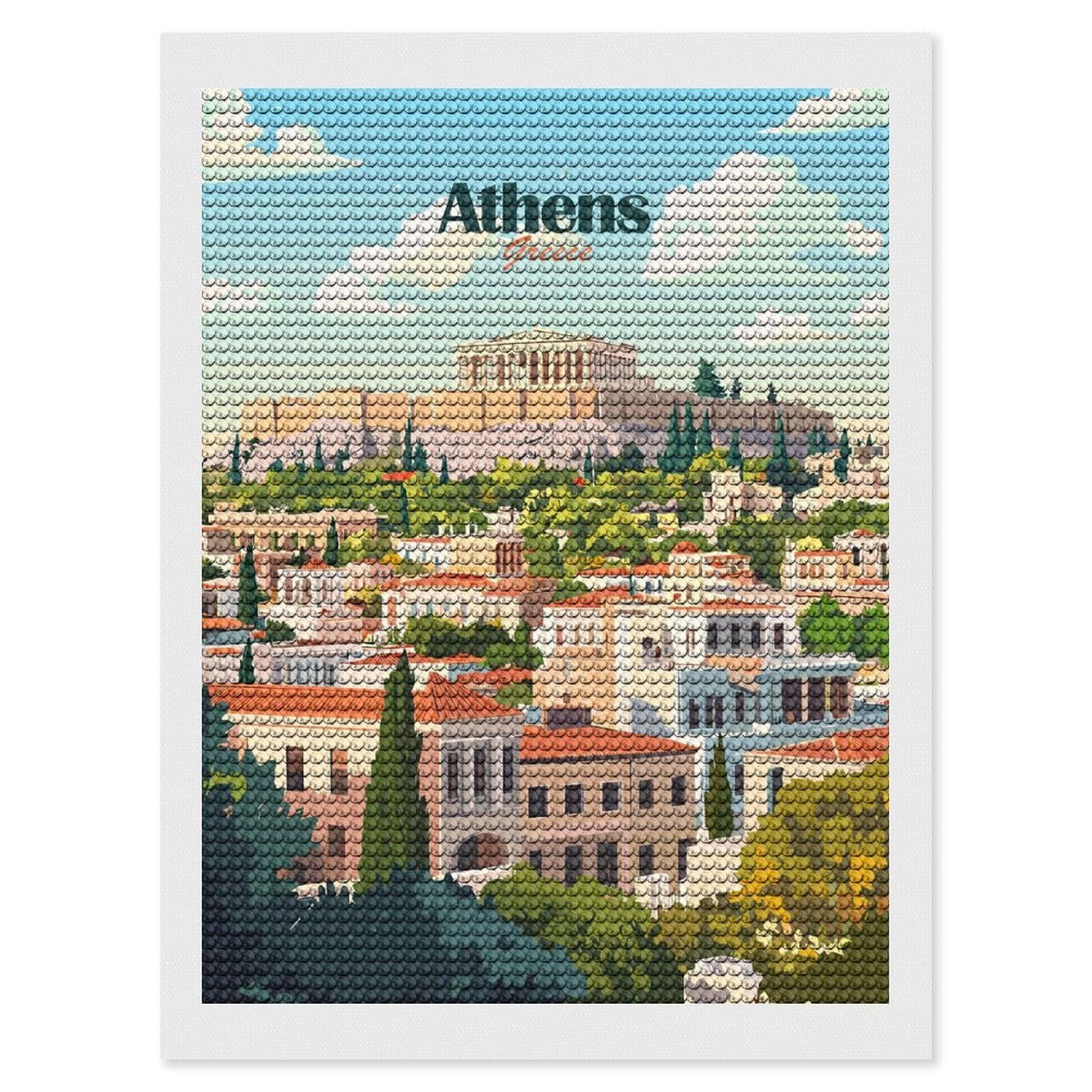 Junmoney Athens Greece Travel (8) DIY Diamond Art Canvas Kit 12"x16", Complete Accessories, Creative Leisure Activity, Home Wall Decor, Gift Idea
