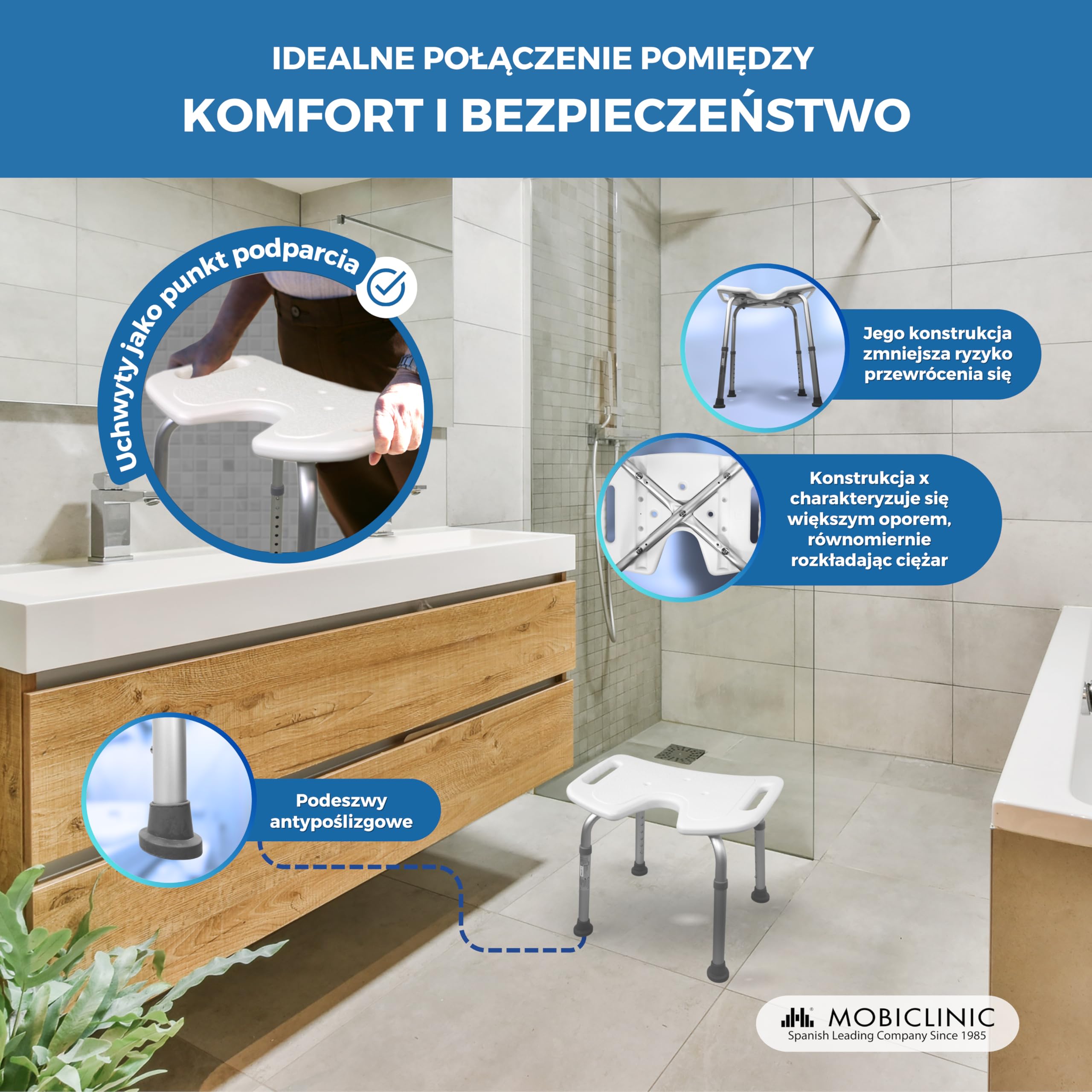 Ławka łazienkowa | Regulowana wysokość | Siedzisko w kształcie litery U | Podkładki antypoślizgowe | Bahía | Mobiclinic