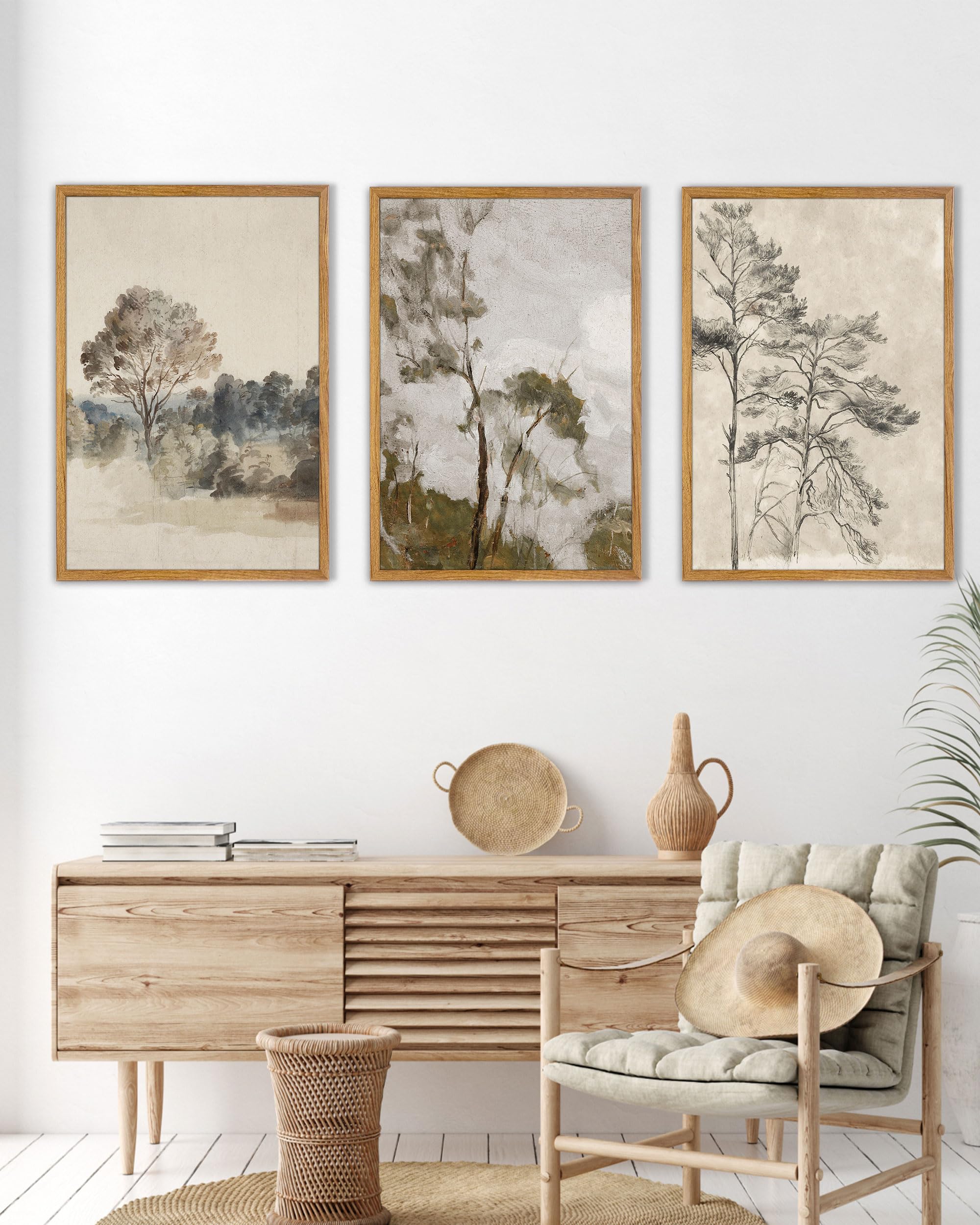 UPWOIGH Großes Wandkunst-Set, gerahmt, neutrale Landschaftsdrucke, Vintage-Baum-Poster, Dekoration für Wohnzimmer, Schlafzimmer, Büro, Bauernhaus, ästhetisch, Baumwoll-Leinwand, Geschenk, 3 Stück