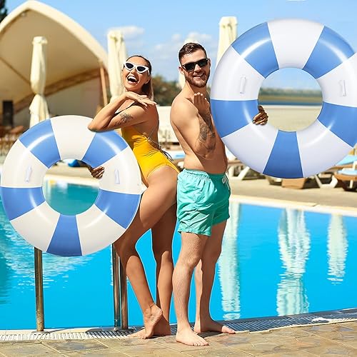 Miniatura 5 de 6 anillos de natación grandes con asas de 47.24 pulgadas, 35.43 pulgadas, a rayas, inflables para piscina, tubos interiores de piscina, flotadores