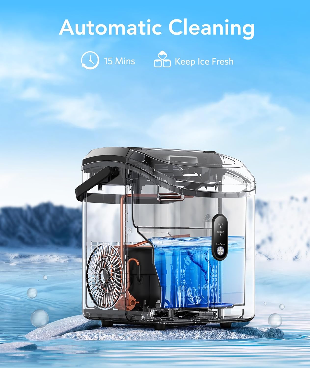 Dahili view of the ice maker during automatic cleaning cycle.