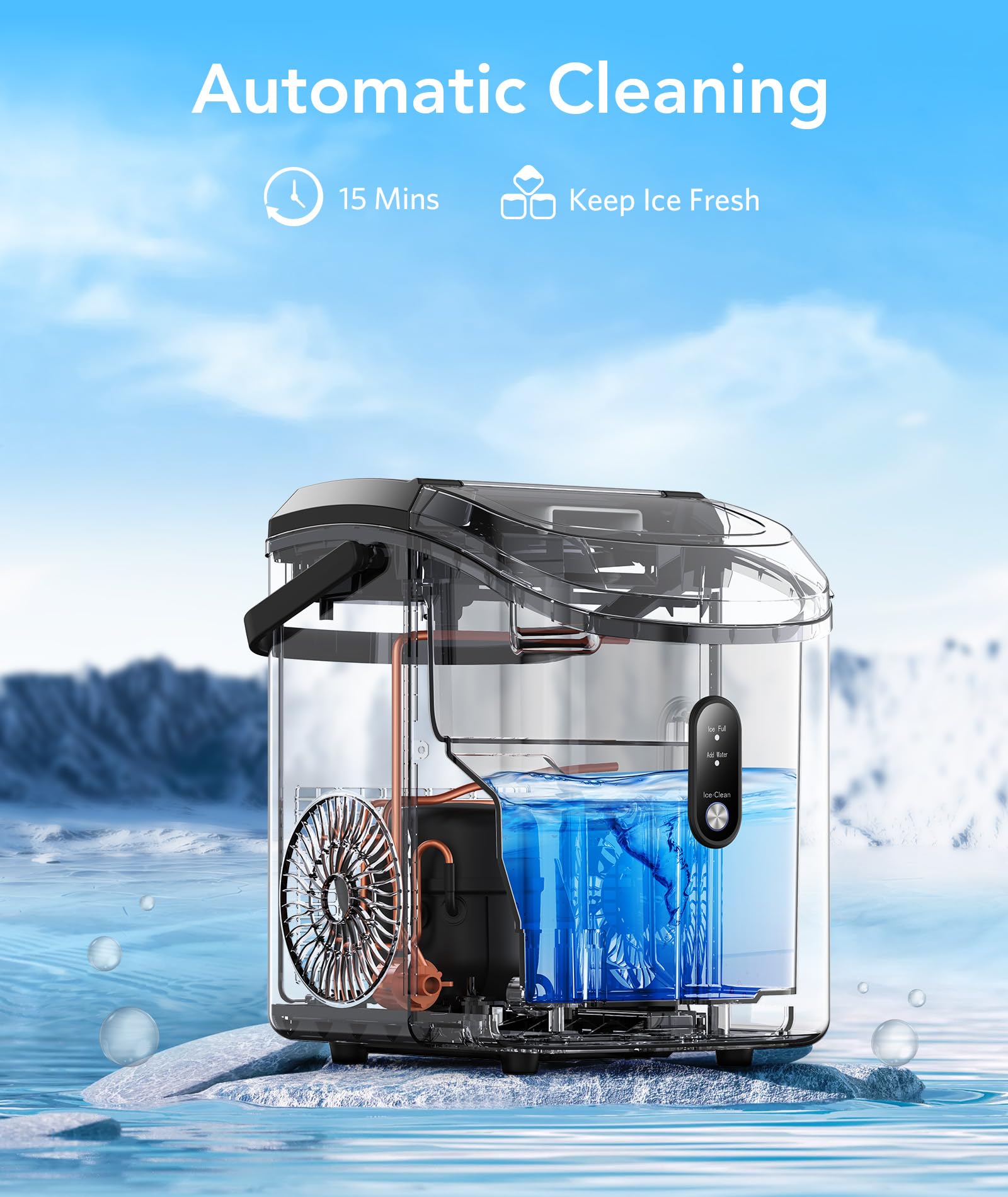 Electactic Nugget Ice Maker Countertop - Pebble Ice Maker With Self-Cleaning, 35lbs/Day, Ready In 6 Mins, Portable Sonic Ice Machine With Handle, Basket & Scoop For Home, Kitchen, RV, Outdoor (Silver) on Fridge.com - View 5
